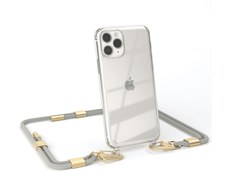 EAZY CASE Transparente Handyhülle mit runder Kordel + Karabiner, Umhängetasche, Apple, iPhone 11 Pro, Taupe Beige / Matt Gold