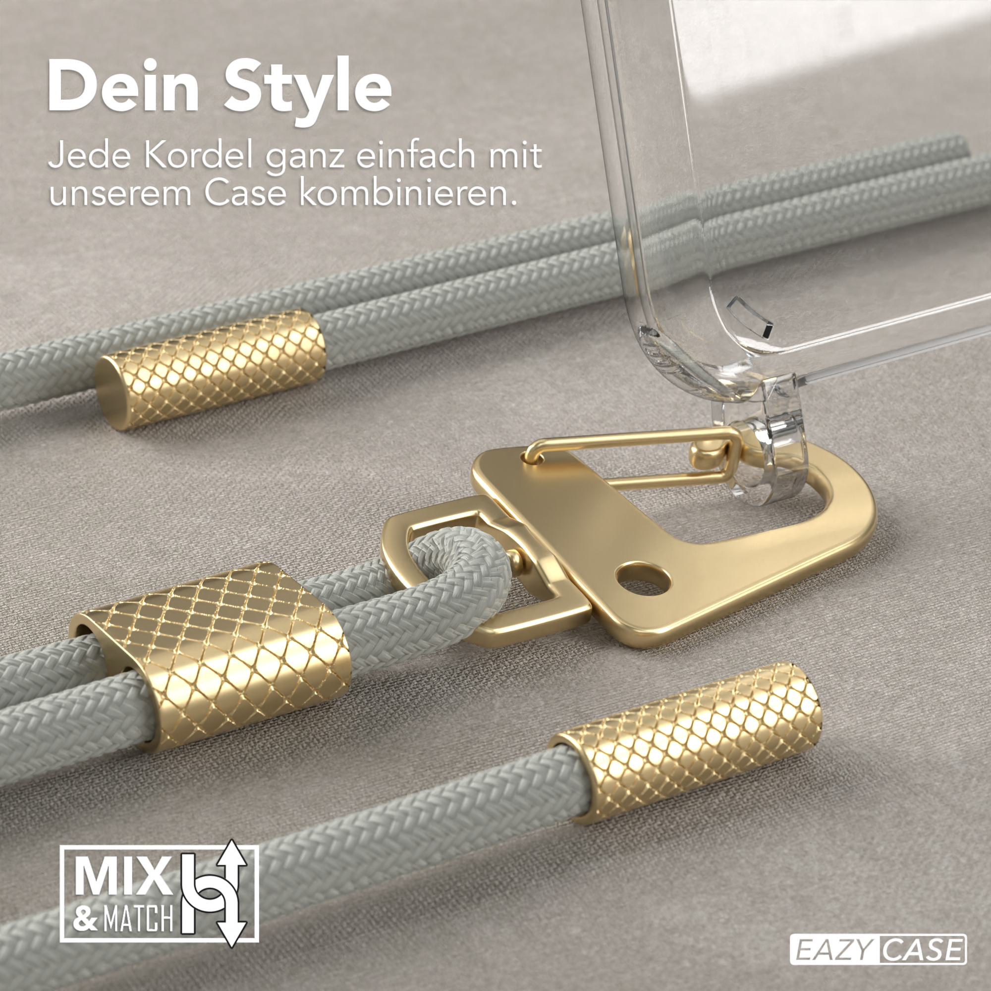 Eine Handyhülle mit grauem Kordel und goldenen Akzenten. Die Hülle ist durchsichtig und zeigt die Kordelverbindung.