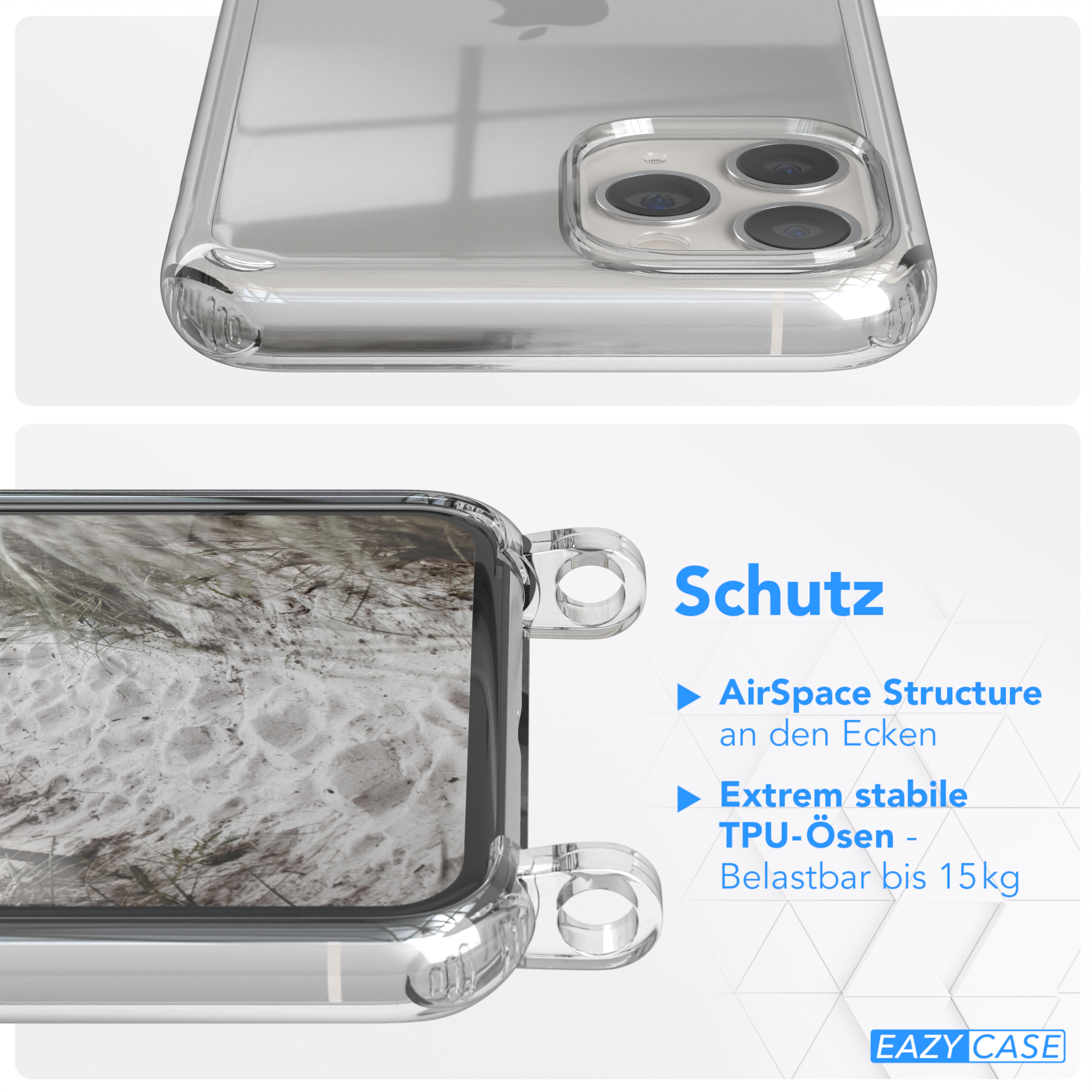 EAZY CASE Transparente Gold runder Matt mit Umhängetasche, Handyhülle / Beige Pro, + Apple, Kordel Karabiner, 11 Taupe iPhone