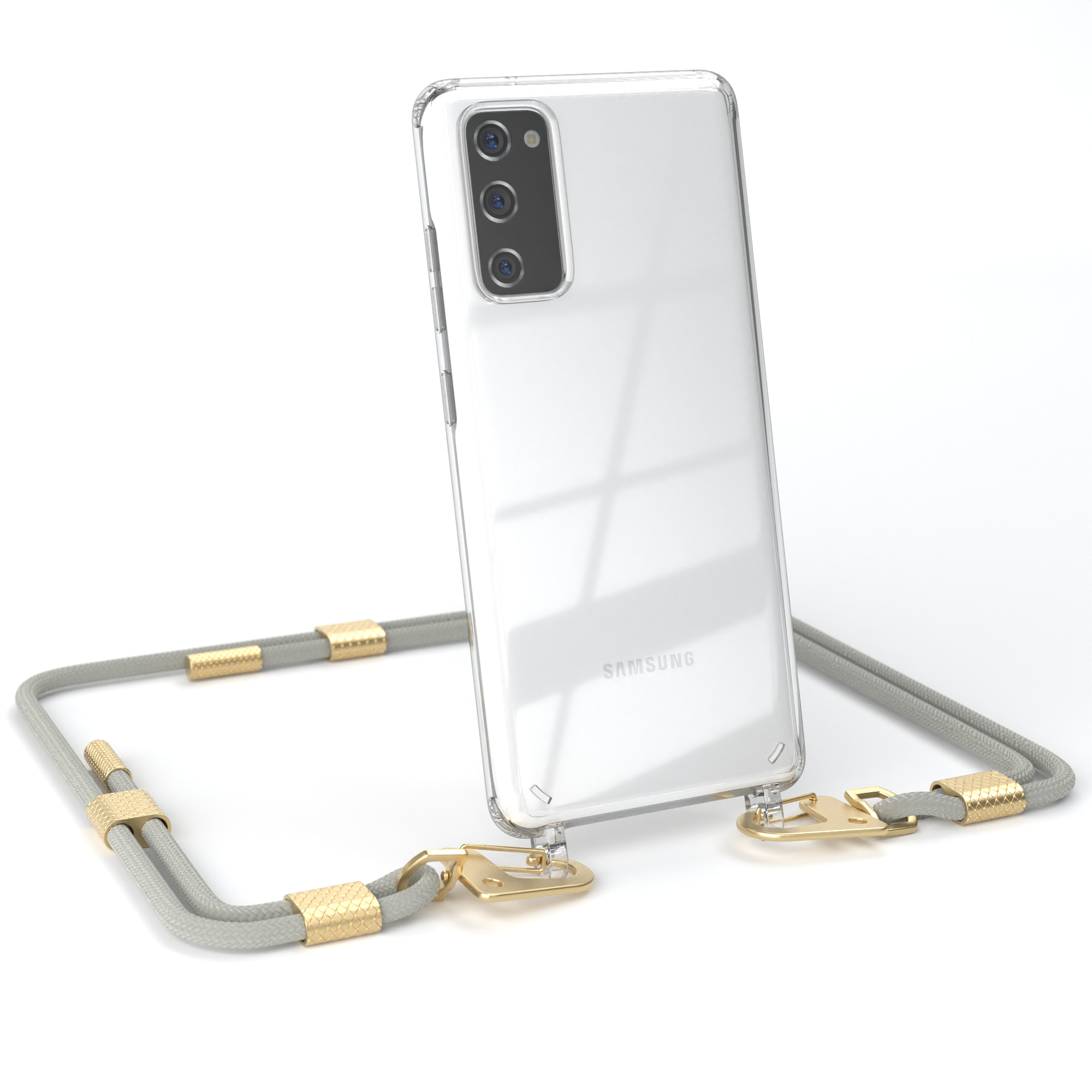 Transparente Handyhülle mit grauem Lanyard und goldenen Akzenten. Samsung-Handy. Weißer Hintergrund.
