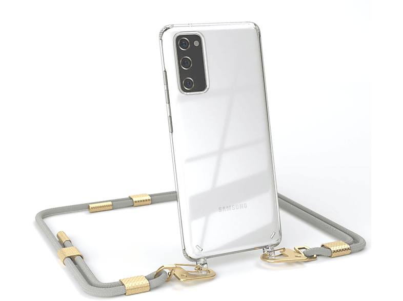 EAZY CASE Taupe Beige Galaxy Samsung, S20, runder Karabiner, Umhängetasche, mit Gold Handyhülle Kordel Transparente Matt / 