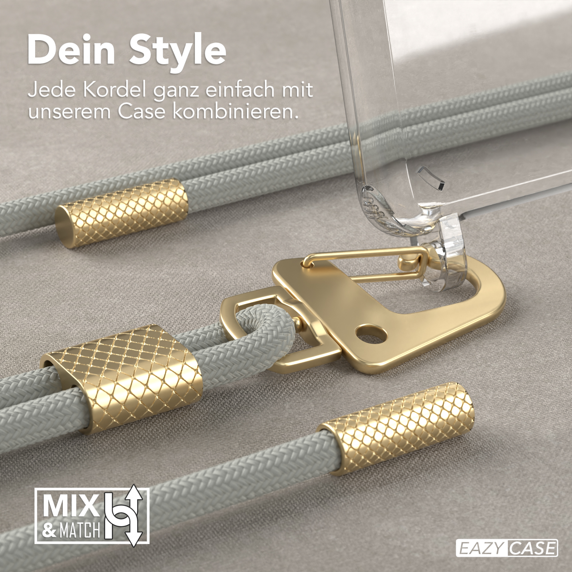 Eine Handyhülle mit goldenen Akzenten. Nahaufnahme der goldenen Hardware und des grauen Seils.