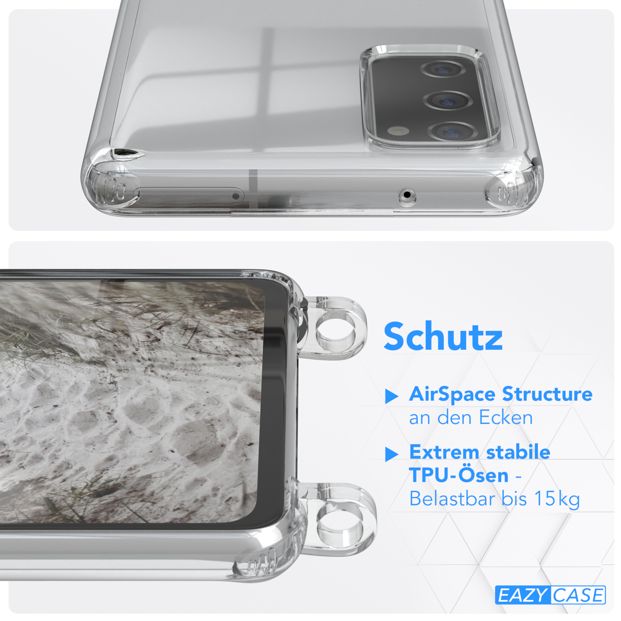 Nahaufnahme einer transparenten Handyhülle mit einem Telefon darin. Die Ecken haben zusätzlichen Schutz.