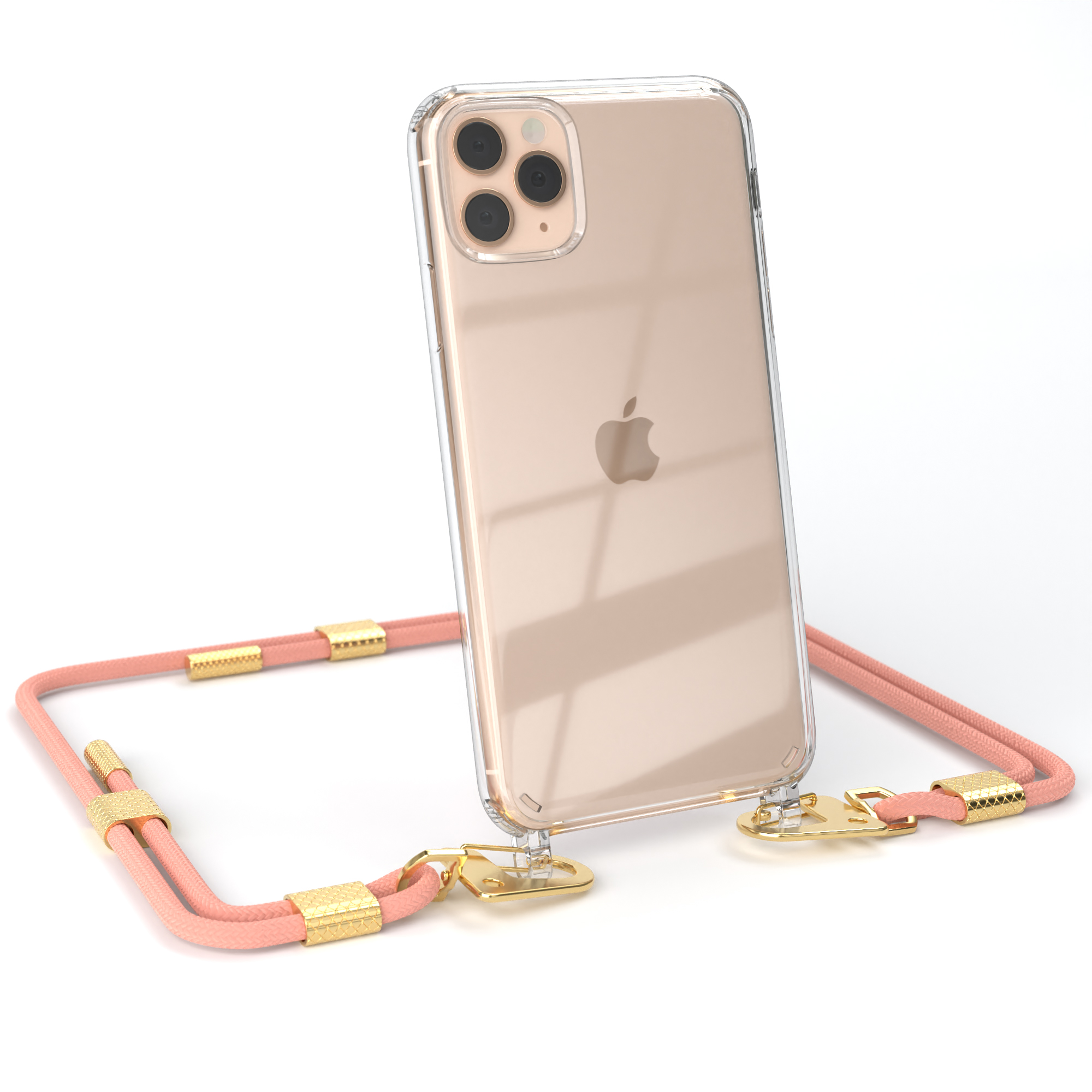 Eine transparente Handyhülle mit einem rosa Kabel. Das Telefon hat eine Kamera.