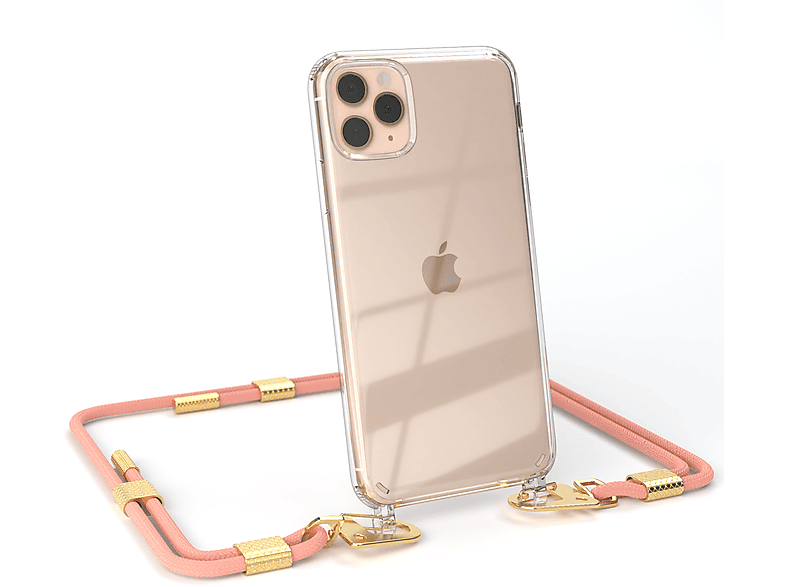 EAZY CASE Transparente Handyhülle Pro 11 mit Umhängetasche, runder Apple, Gold / + Altrosa Kordel Max, iPhone Karabiner
