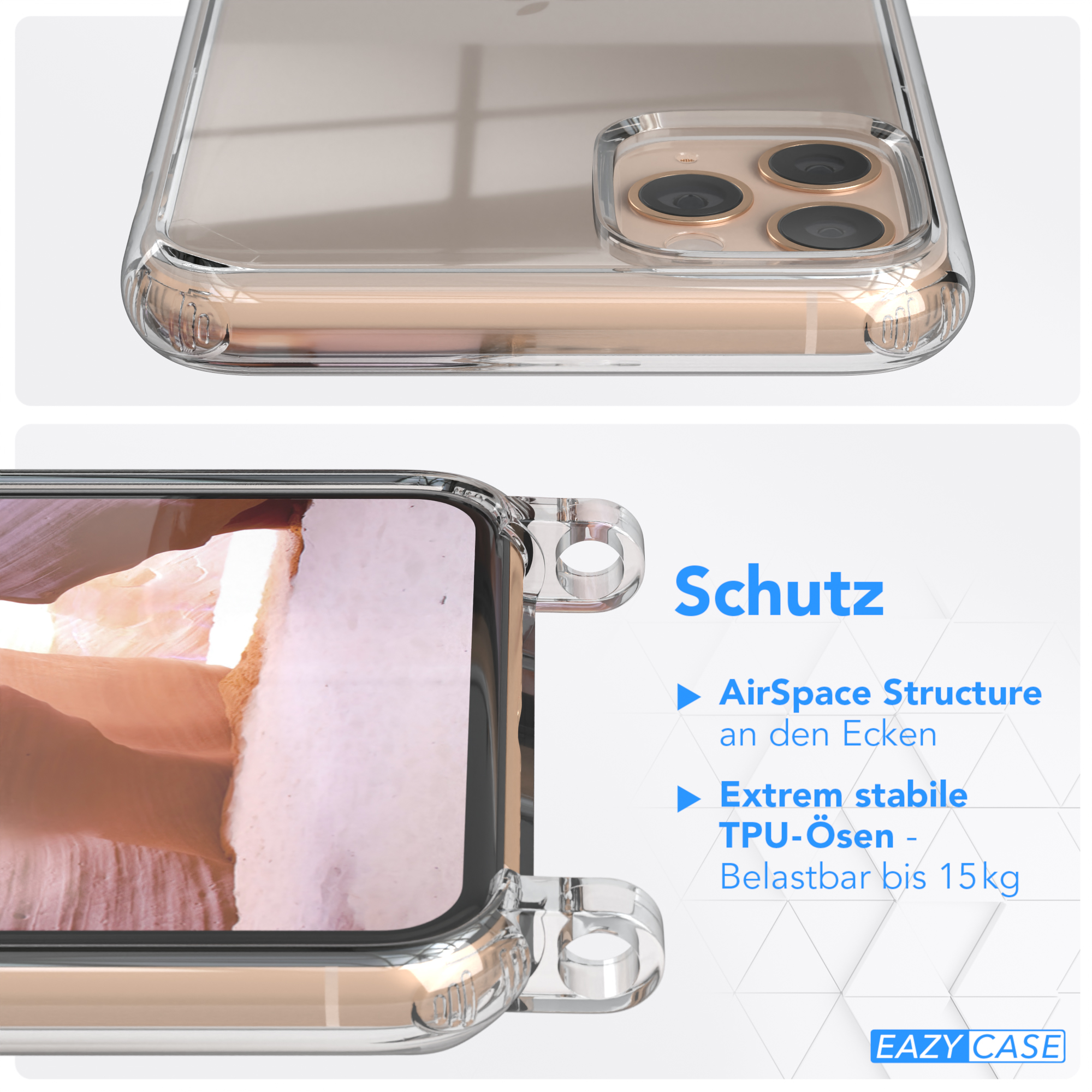 Transparente Handyhülle mit goldfarbenen Akzenten. Detailaufnahme der Kamera und Kanten.