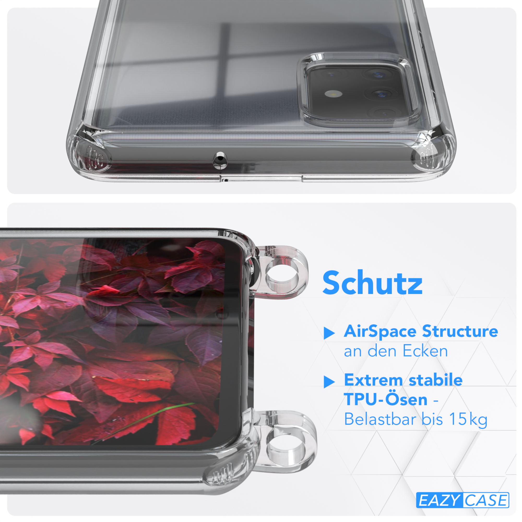 Transparente Handyhülle mit Text: Schutz. Rote Pflanze innen. Text: AirSpace Structure.