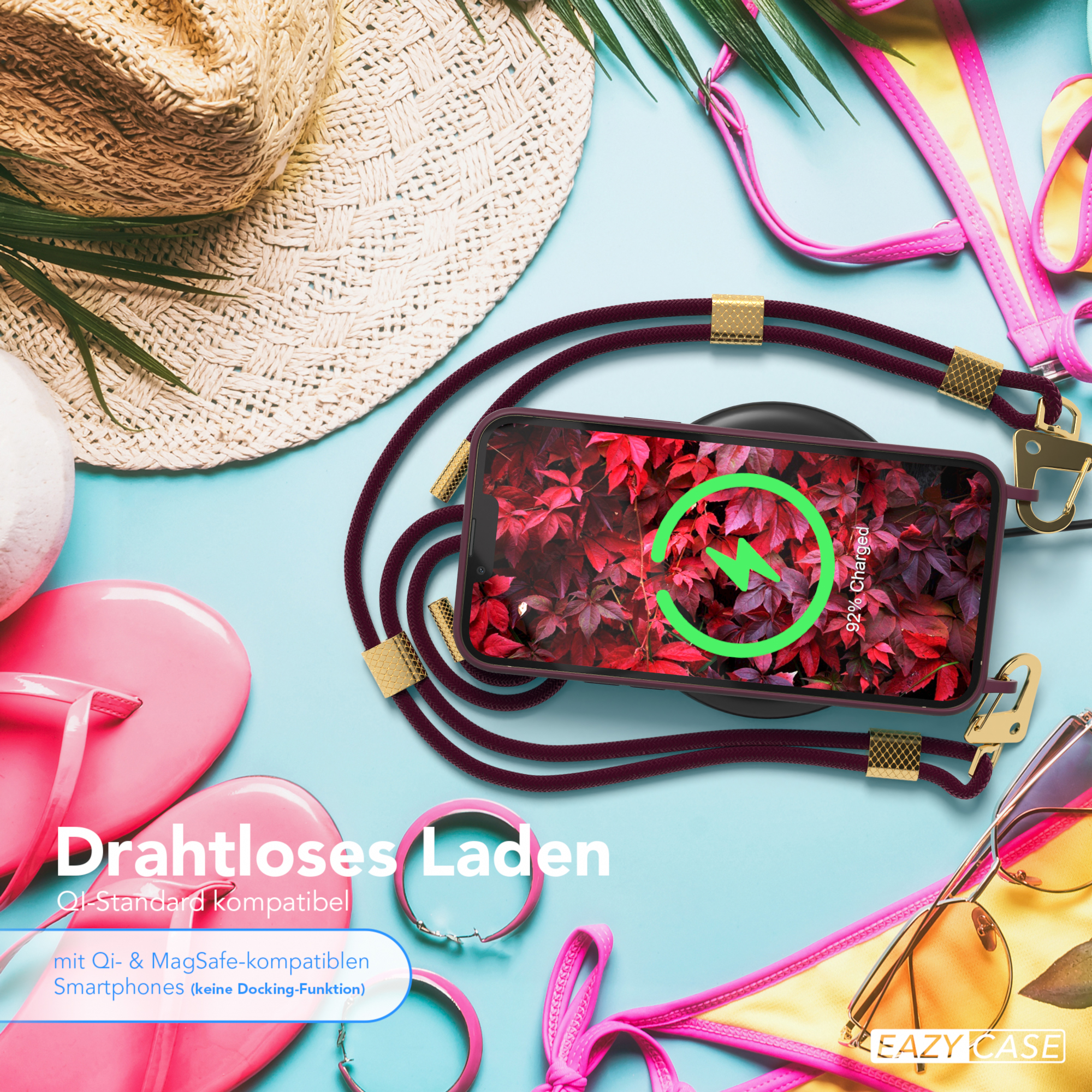 Telefon auf Ladegerät mit Lanyard. Strandszene, Zubehör und 'EAZY CASE'-Label.
