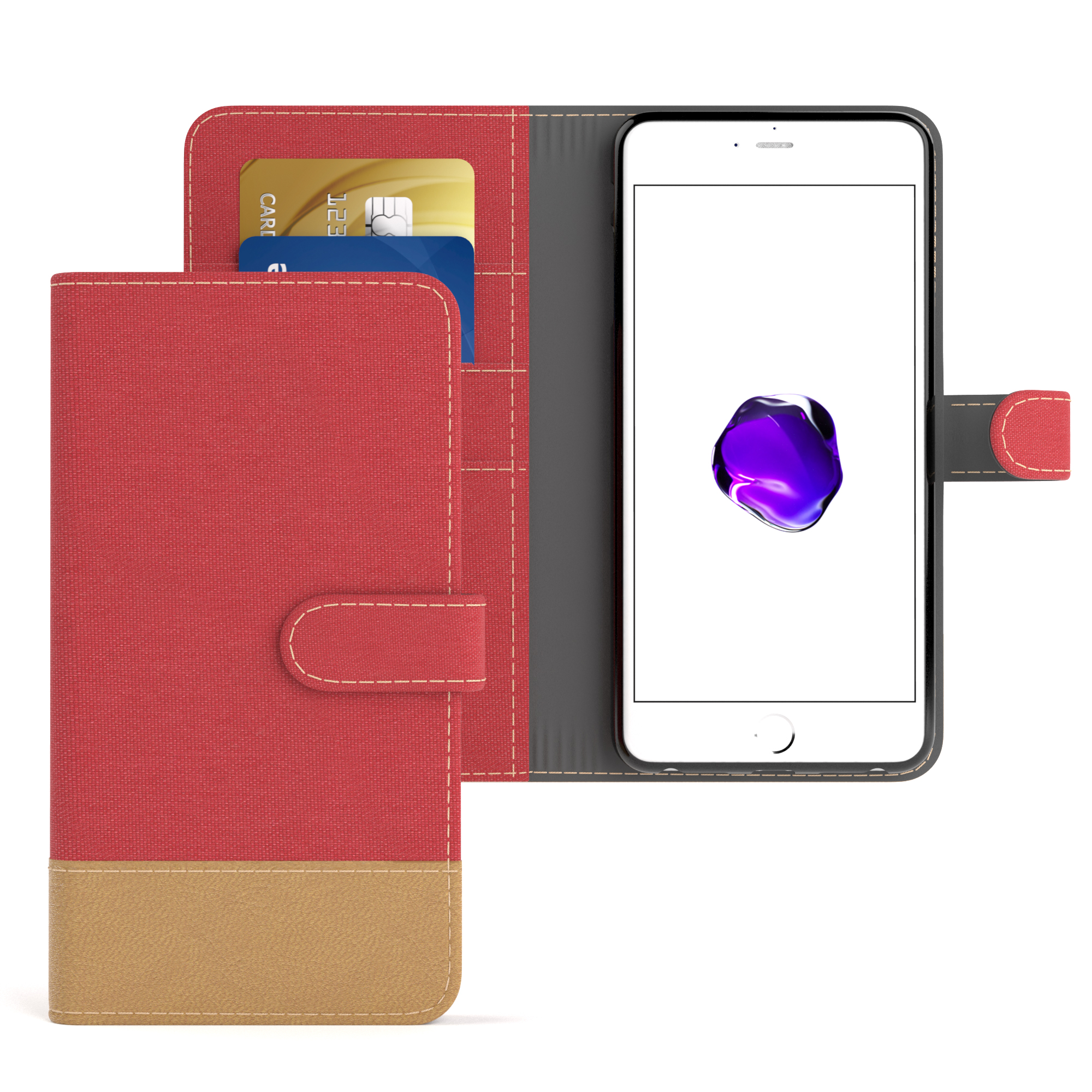 EAZY CASE Bookstyle / Plus mit iPhone Rot 8 Plus, Jeans Apple, Kartenfach, Bookcover, Klapphülle 7