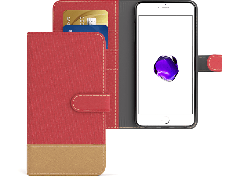 EAZY CASE Bookstyle Klapphülle Jeans mit Kartenfach, Bookcover, Apple, iPhone 8 Plus / 7 Plus, Rot