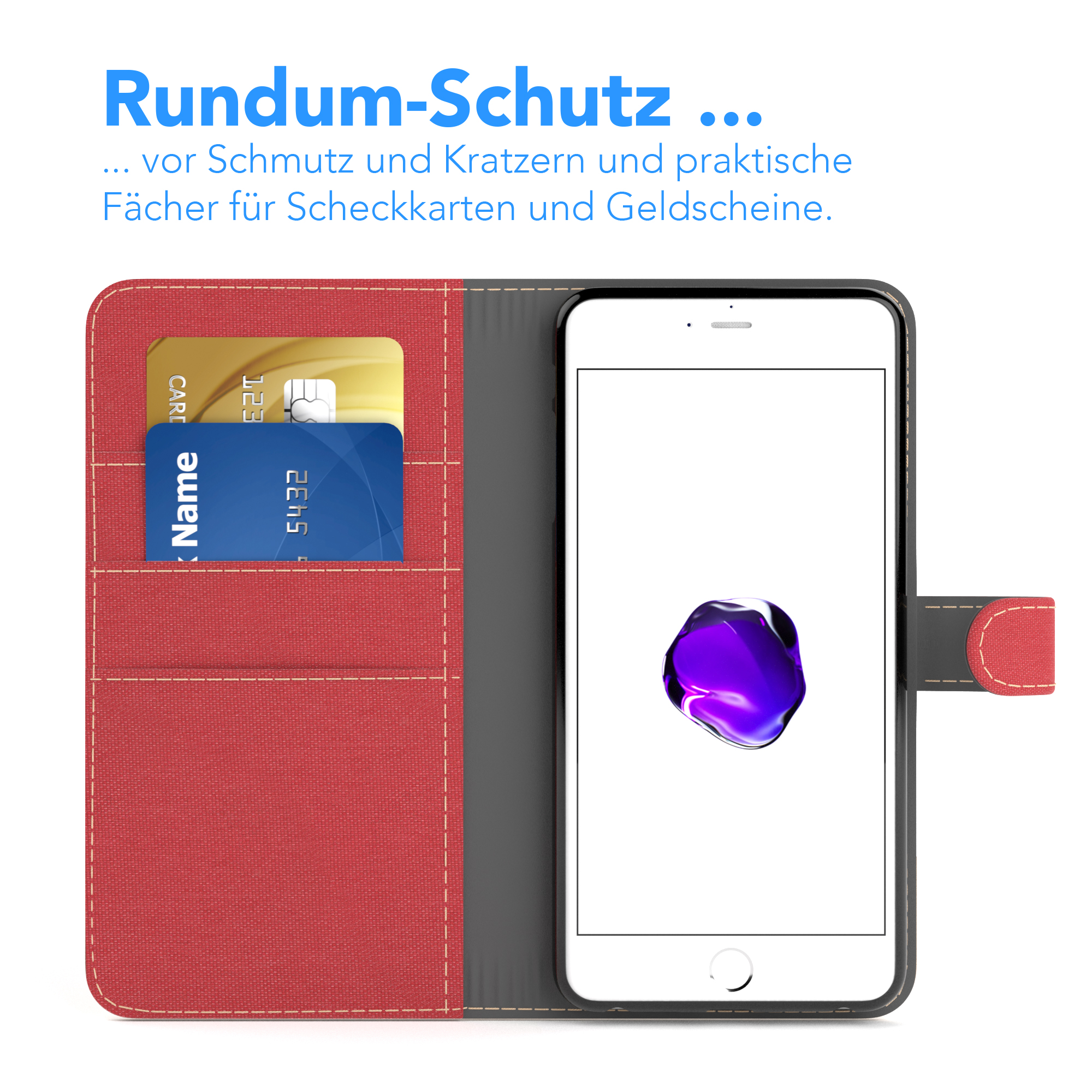 Ein Telefon in einer roten Hülle mit Kreditkartenfächern. Die Hülle ist offen und zeigt den Telefonbildschirm.