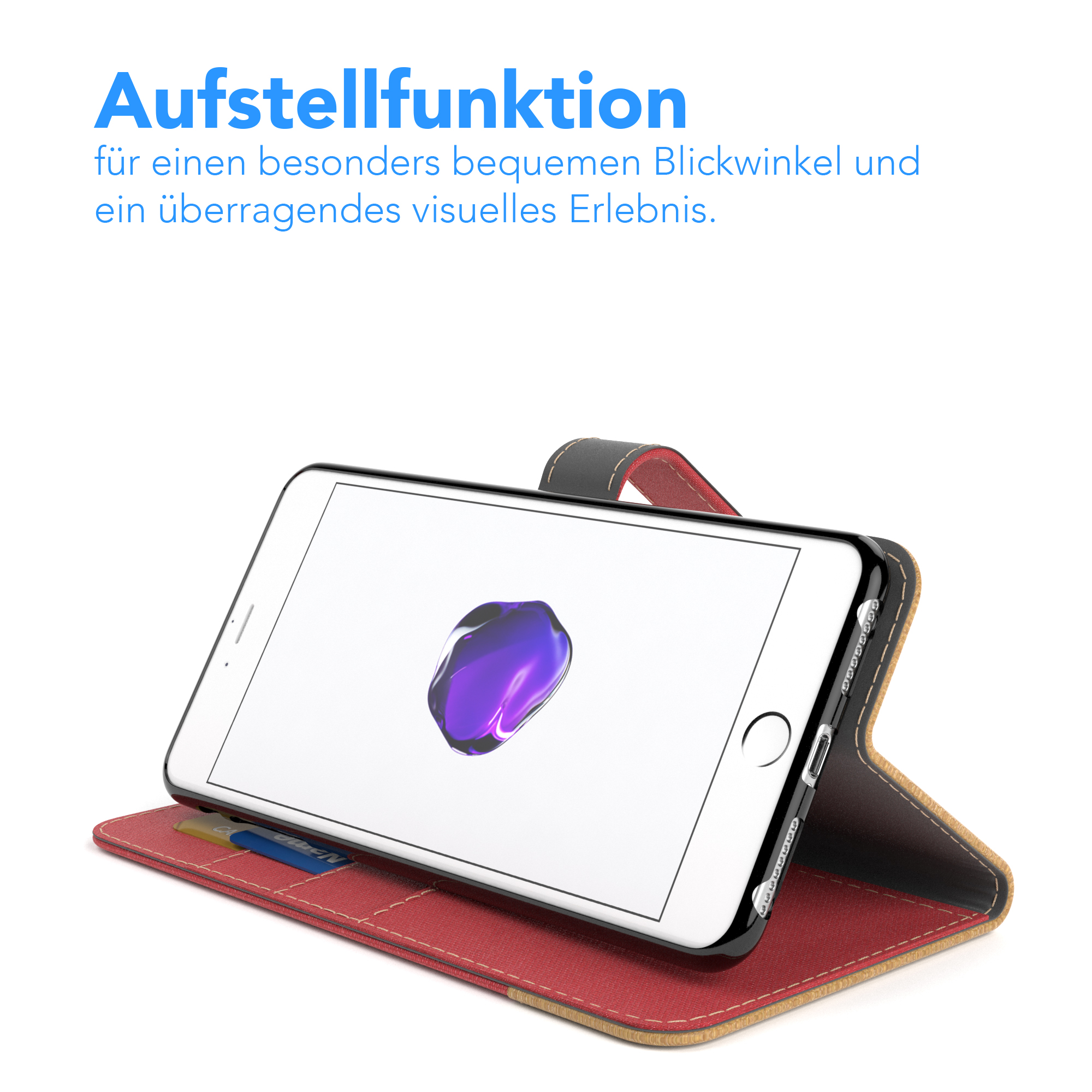 Telefon in einem hochgestellten Case, das einen Bildschirm zeigt. Rotes und gemustertes Case mit Kartenfach.