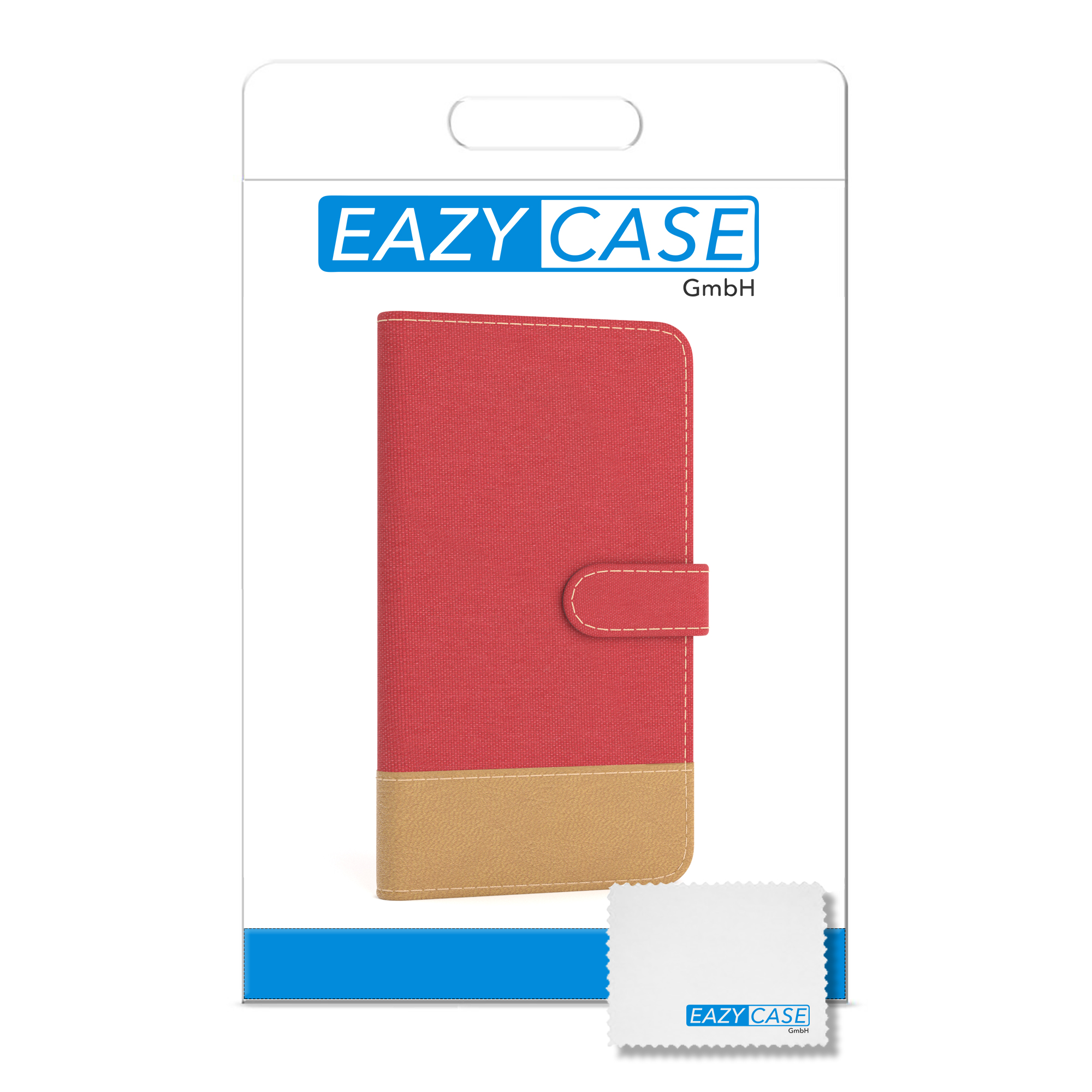 Verpackung für Handyhülle mit roter Hülle, Reinigungstuch und Markenlogo.