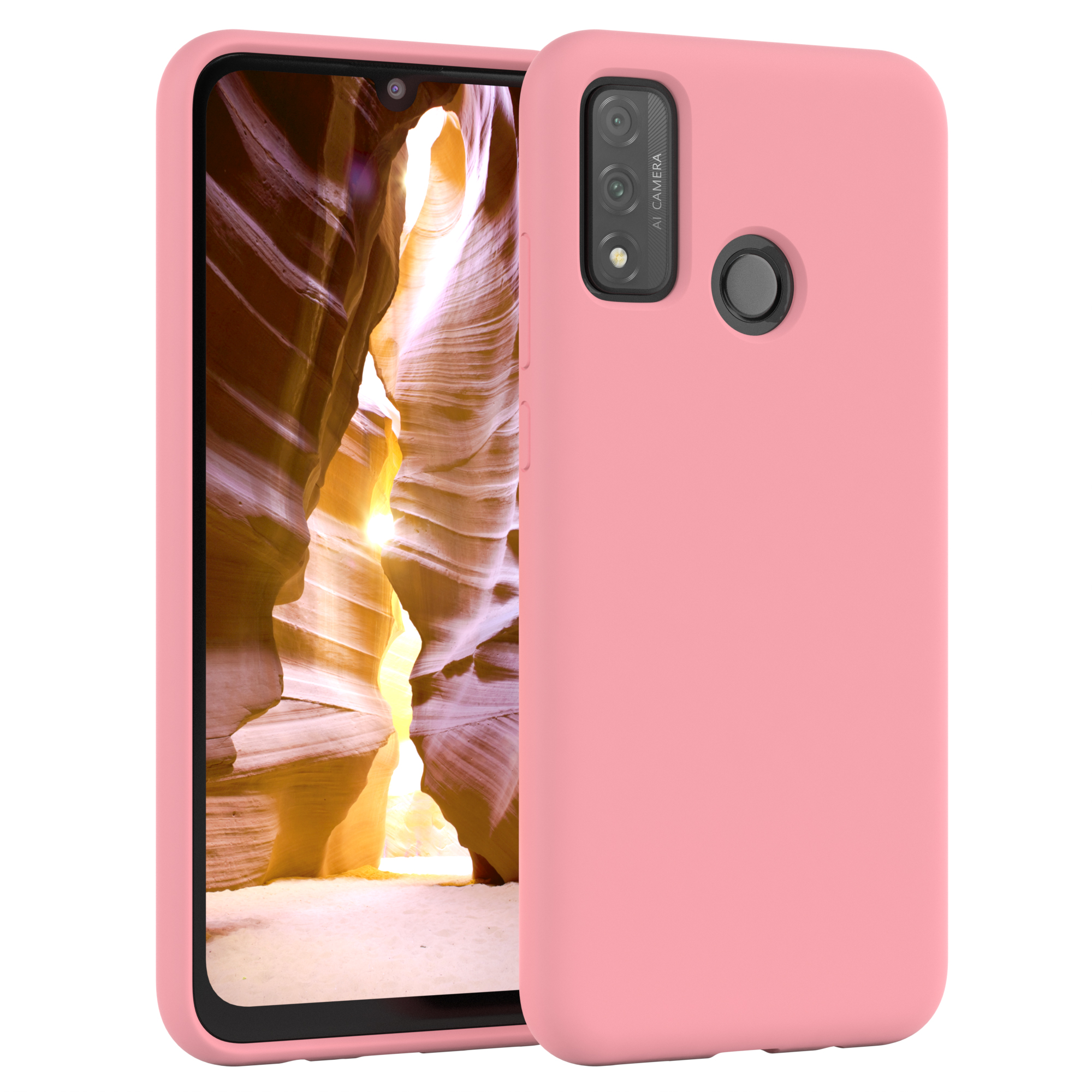 Rosa Handyhülle mit schwarzem Bildschirm. Der Bildschirm zeigt ein Canyon-Bild. Weißer Hintergrund.