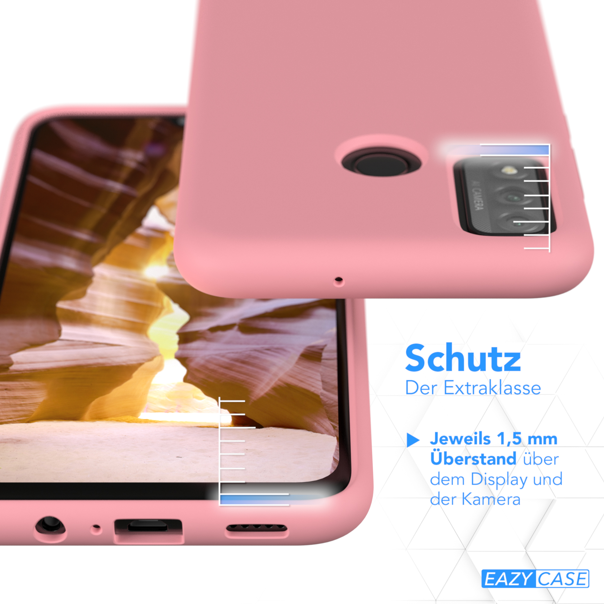 Pinke Handyhüllen, eine zeigt Kameradetails, mit Text über Bildschirm- und Kameraschutz.