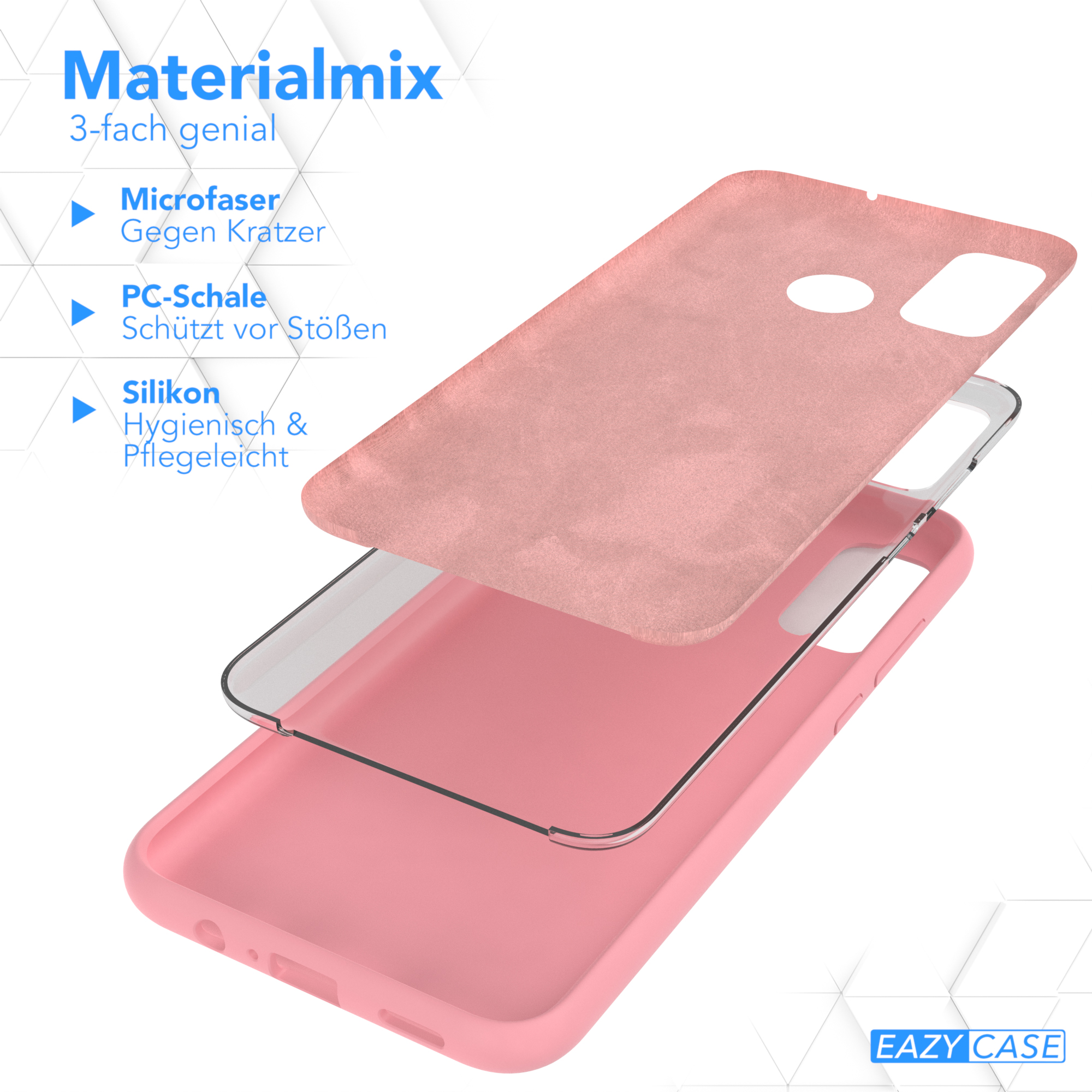 Handyhüllen-Schichten: Mikrofaser, PC-Schale und Silikon. Materialmix.