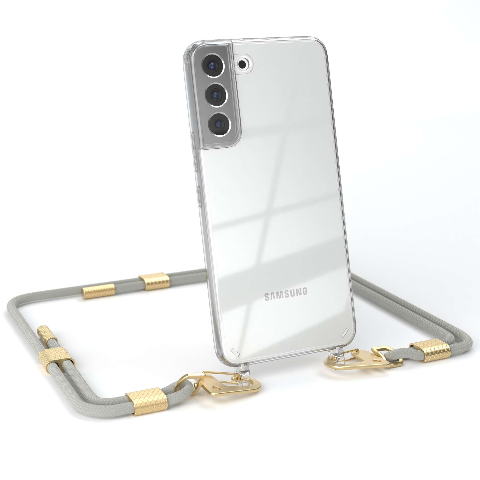 EAZY CASE Transparente Handyhülle Samsung, runder 5G, Plus Beige Galaxy Karabiner, Matt Kordel / Gold + Taupe S22 mit Umhängetasche