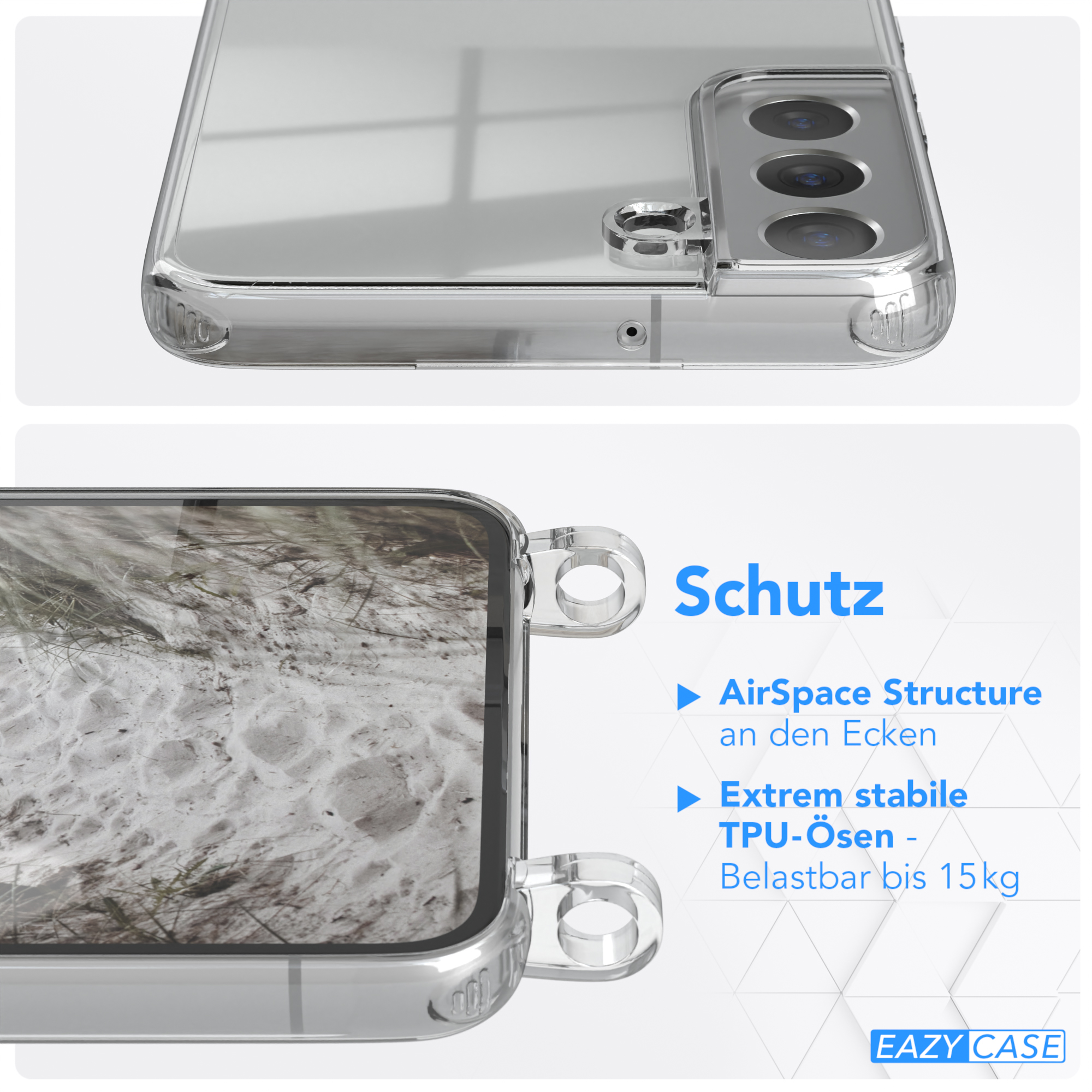 Transparente Handyhülle, Nahaufnahme. Draufsicht und Detail der Kameraaussparung.