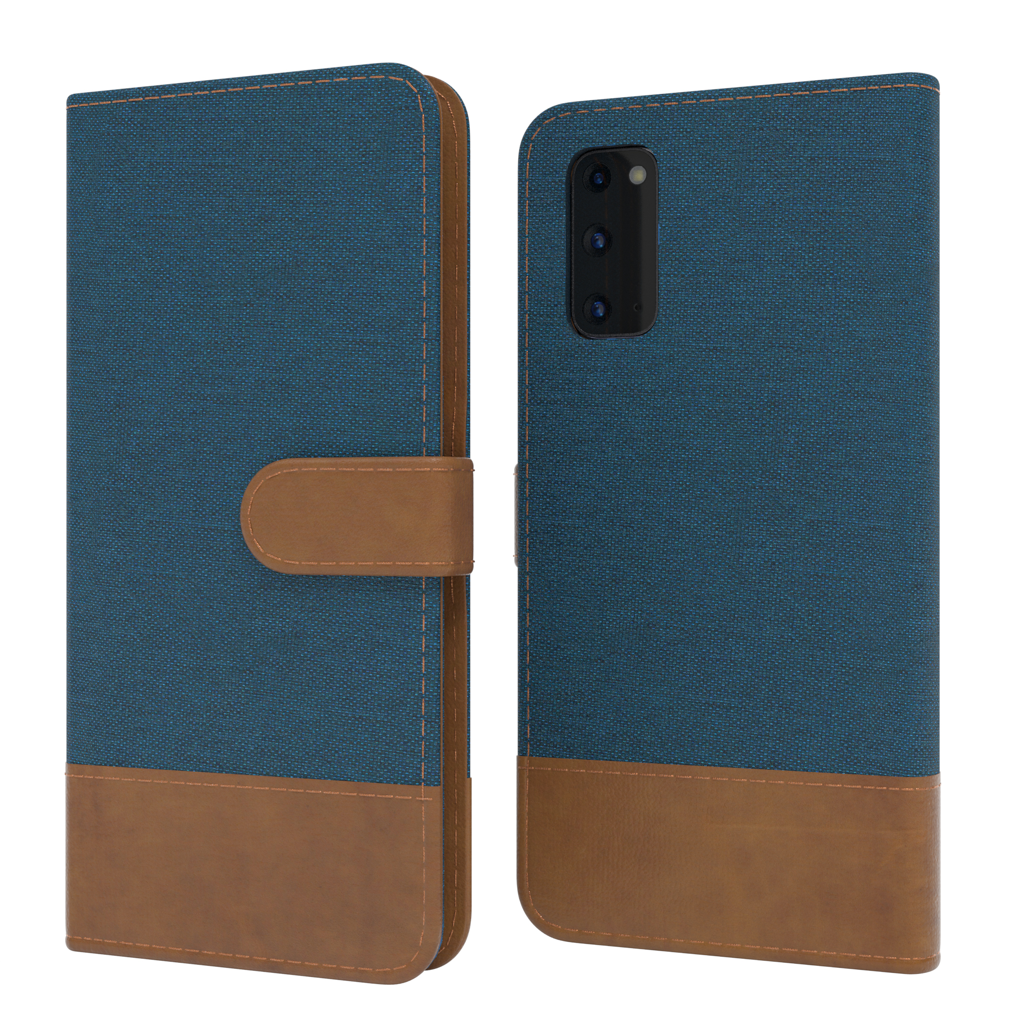 Blau-braune Handyhülle mit einem Telefon darin.