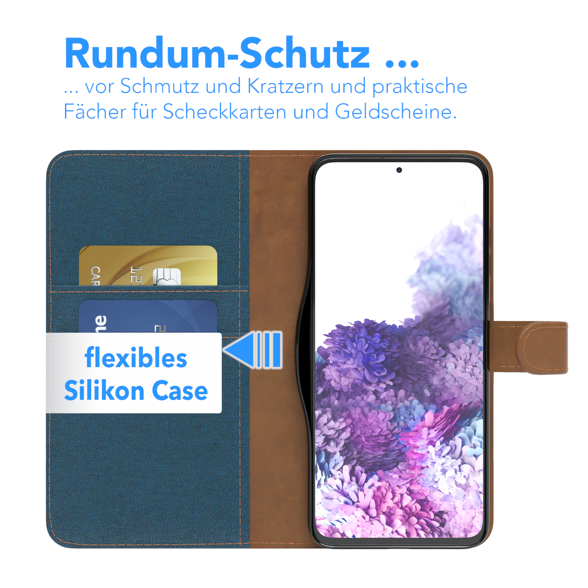 Ein Telefon in einer blauen Hülle mit Kreditkartenfächern. Die Hülle ist offen und zeigt den Telefonbildschirm.