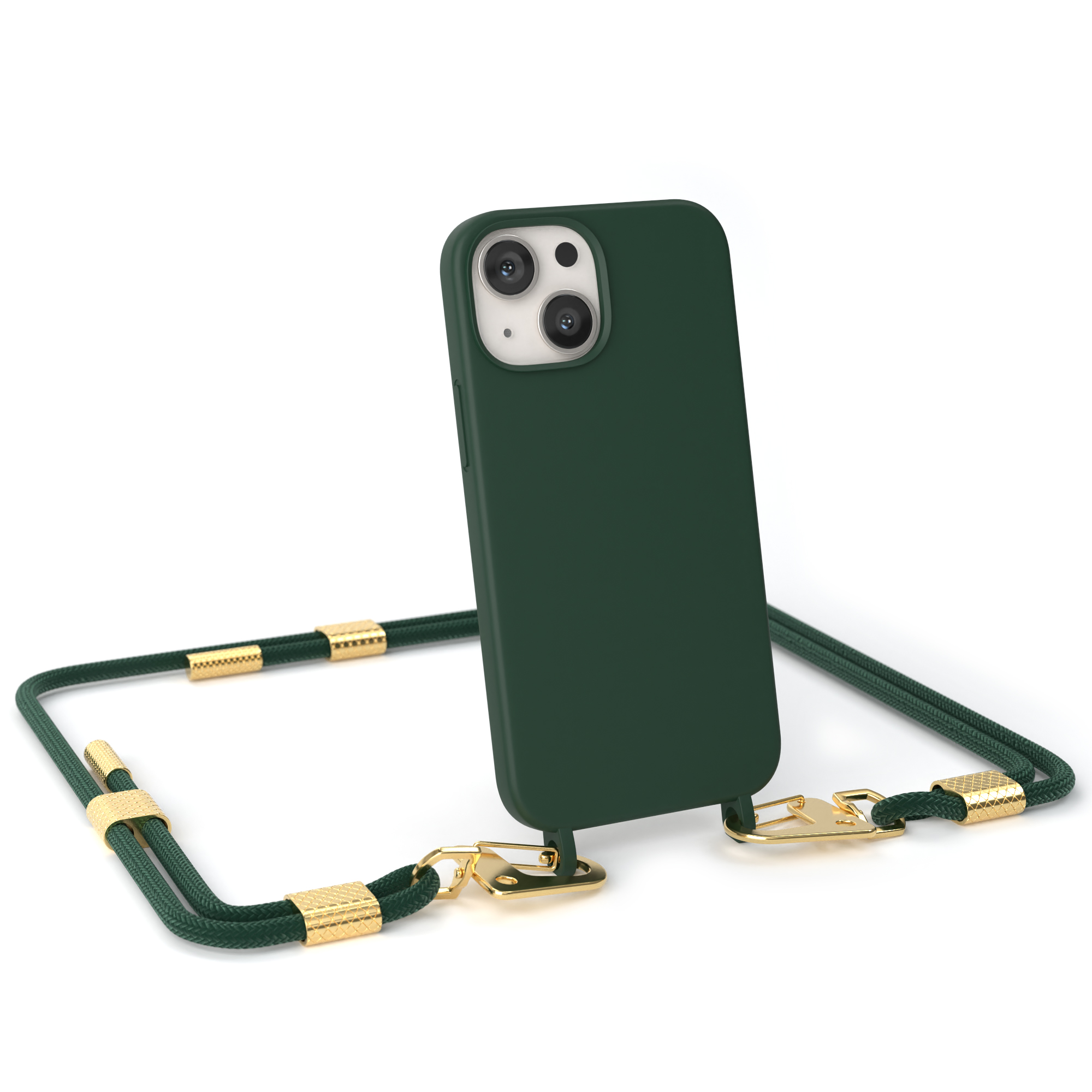 Grüne Handyhülle mit einem Telefon. Das Telefon ist an der Seite, mit einem grünen Lanyard.