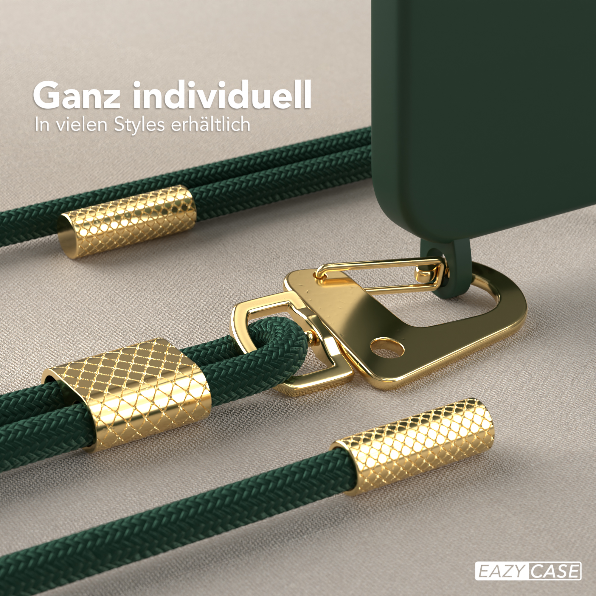 Eine Handyhülle mit grünem Kabel, goldfarbenen Details. Goldener Verschluss. Text: Ganz individuell. EAZY CASE-Logo.
