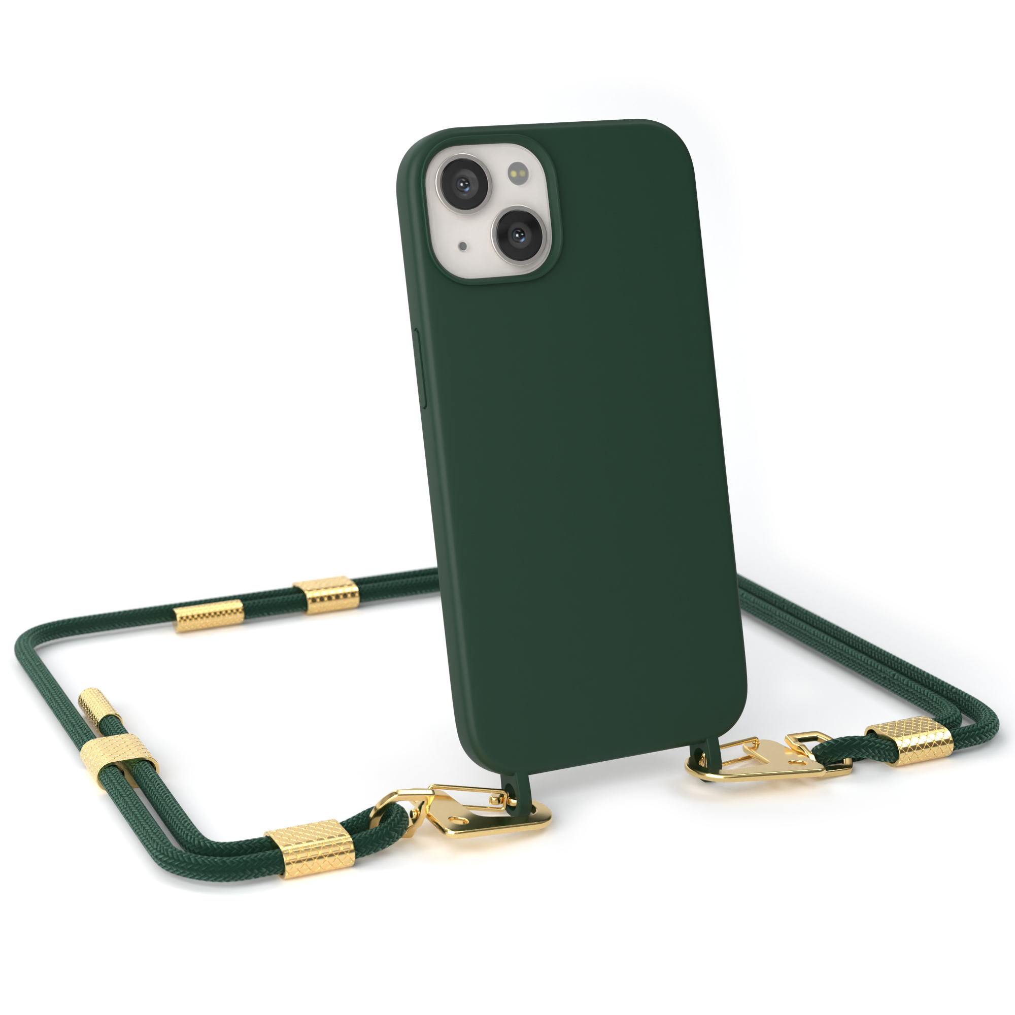 Eine dunkelgrüne Handyhülle mit dunkelgrünem Riemen und goldenen Akzenten, die ein Telefon hält.