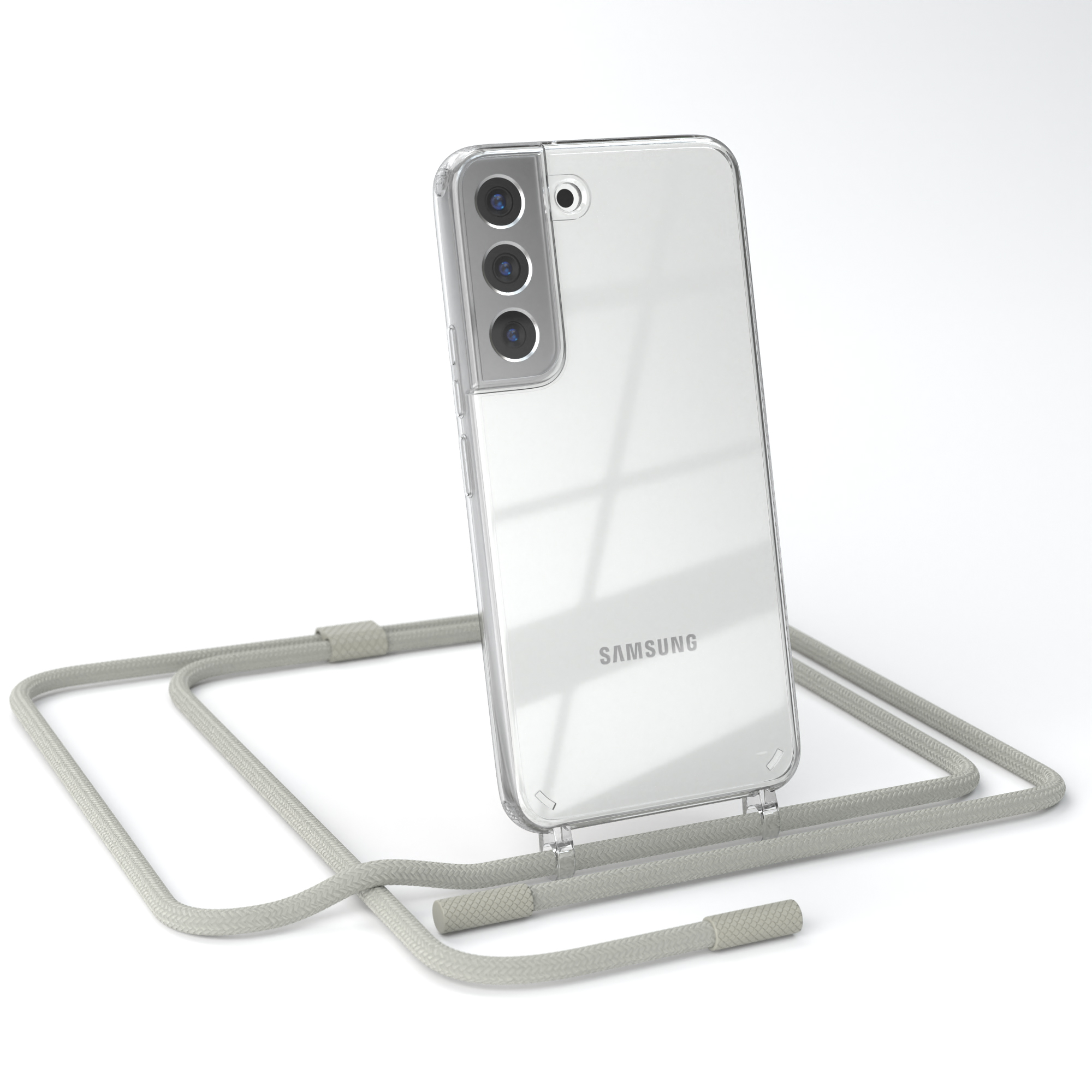 Transparente Handyhülle mit einem silbernen Samsung-Telefon und einem hellgrauen Gurt. Das Telefon hat drei Kameras.
