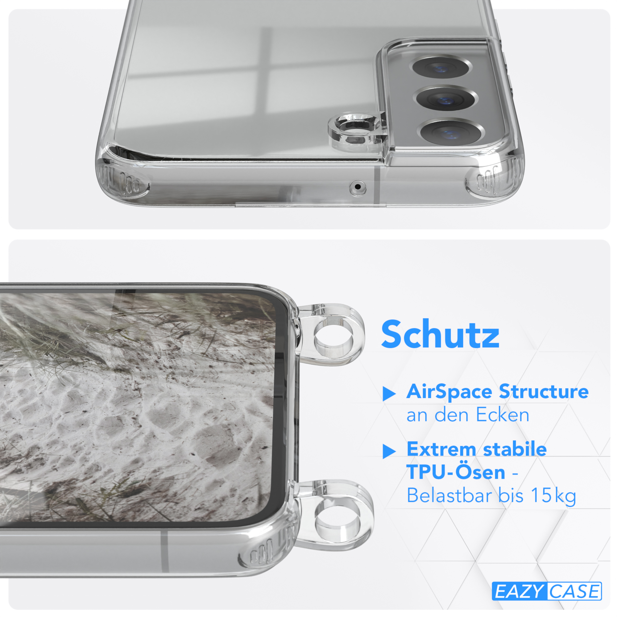 Transparente Handyhülle mit einer Strandszene, mit Nahaufnahme der Kanten.