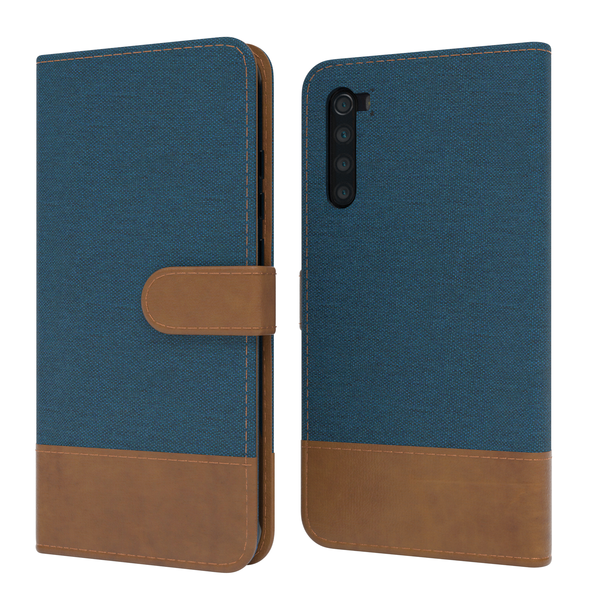 Eine Handyhülle, blaues Canvas-Außenmaterial mit braunem Lederboden und Verschluss.