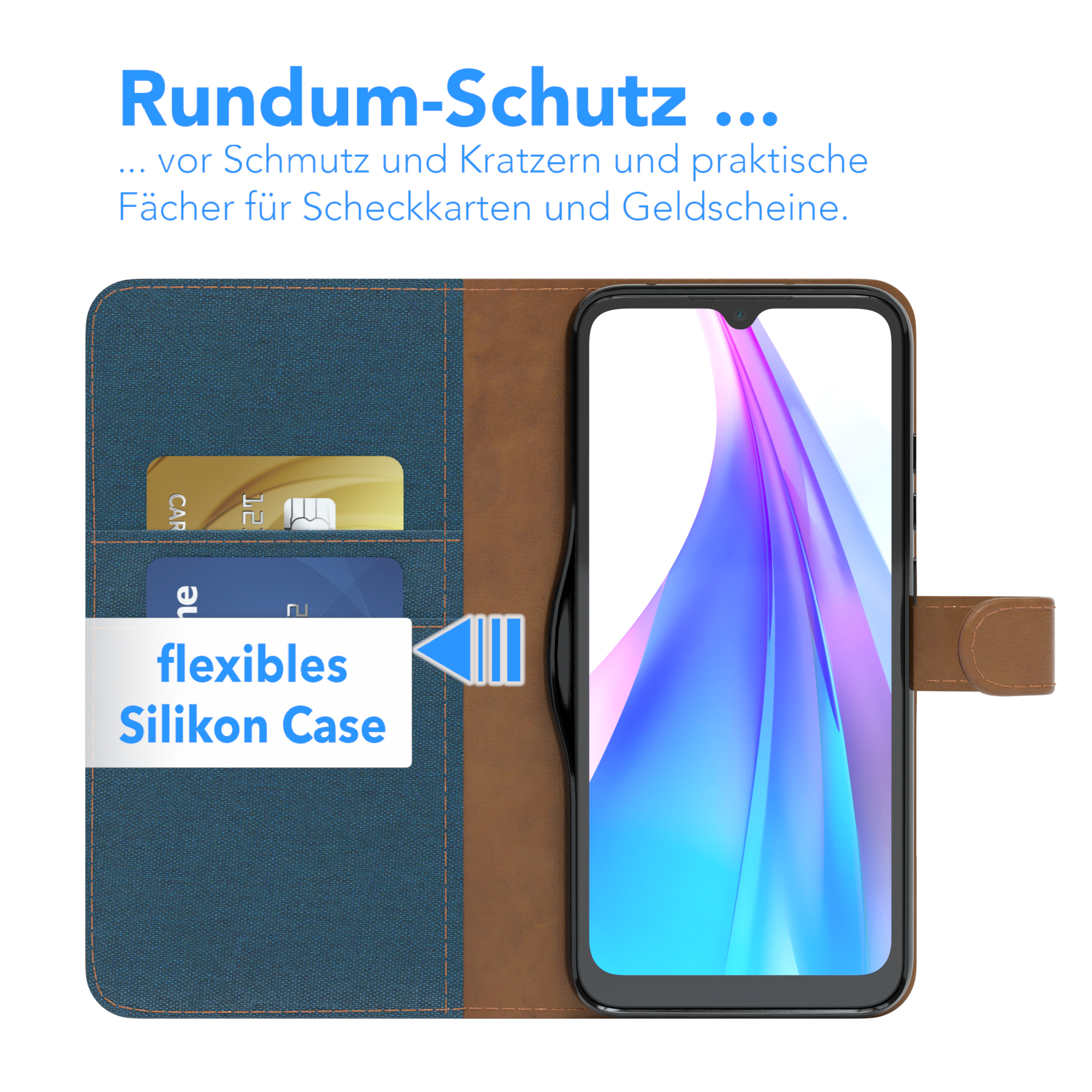 Telefon in einem blau-braunen Etui, mit sichtbaren Karten- und Geldfächern.