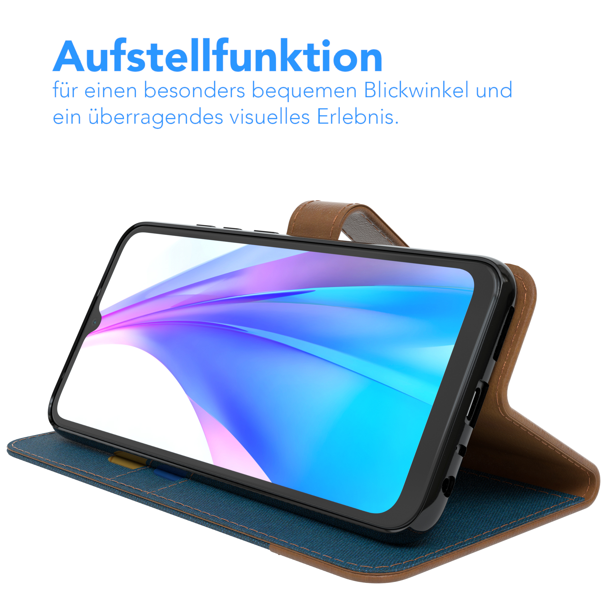 Telefon in einer Hülle, aufgestellt, mit sichtbarem Bildschirm. Text: 'Aufstellfunktion'.