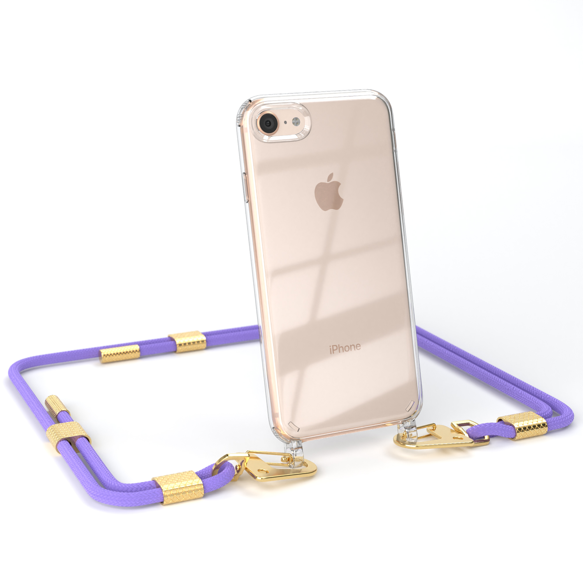 Transparente iPhone-Hülle mit lila Lanyard und goldenen Akzenten. Lila Kordel, goldene Verschlüsse, iPhone sichtbar.