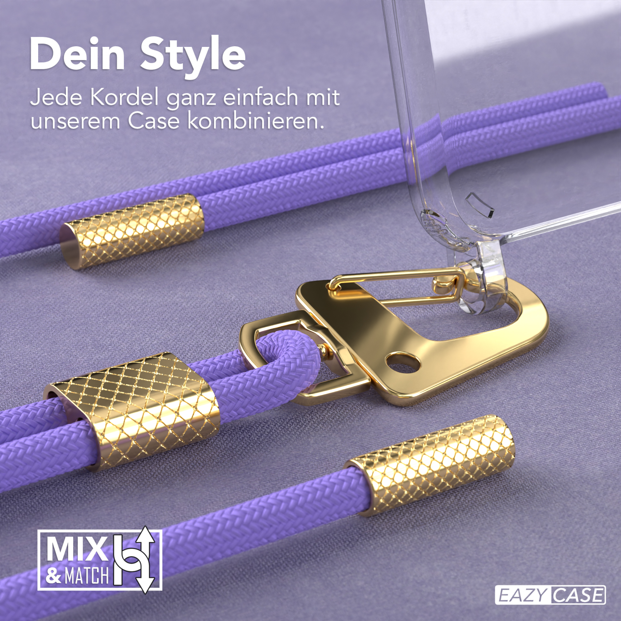 Lila Handykordel mit goldenen Akzenten, transparente Handyhülle, goldener Verschluss.