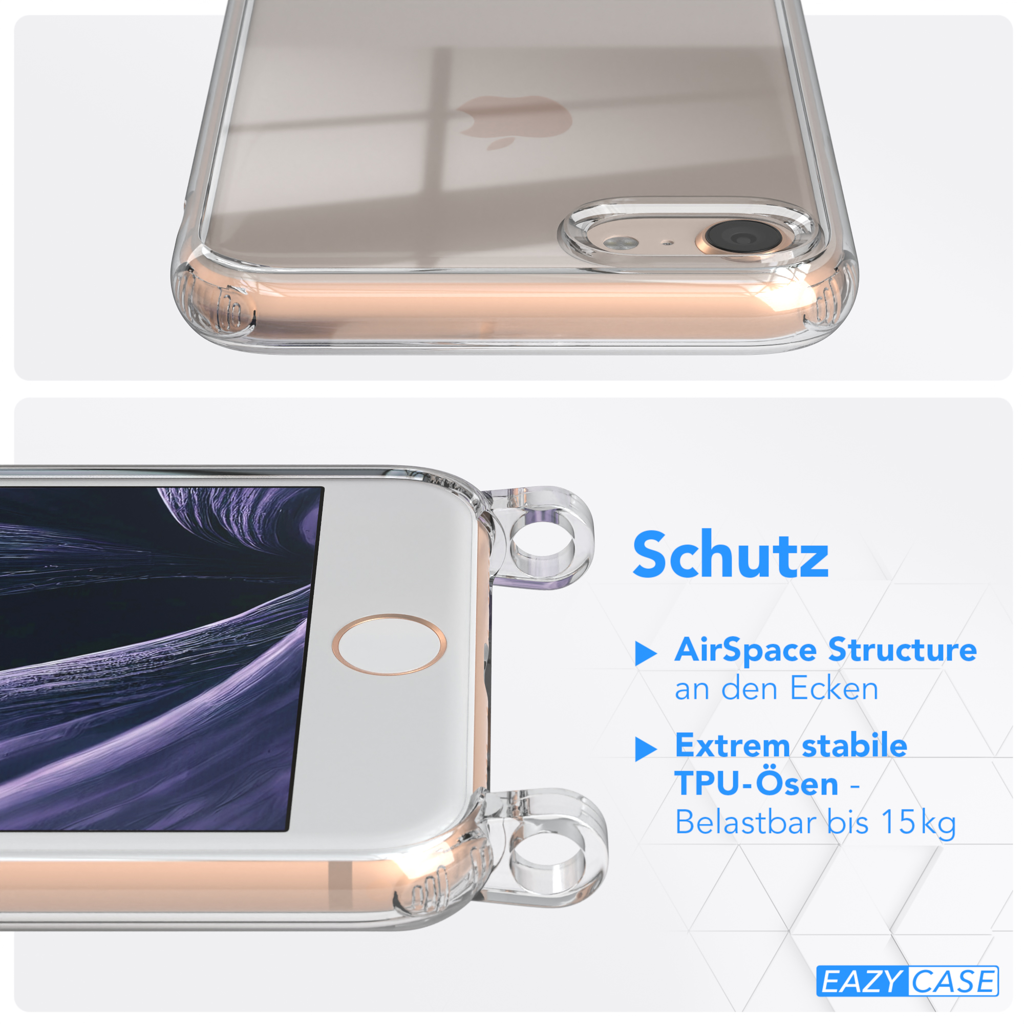 EAZY CASE Transparente iPhone Umhängetasche, 2022 runder Handyhülle Apple, Kordel / Karabiner, mit Gold Lila iPhone 2020, 7 / / + SE 8, SE Flieder