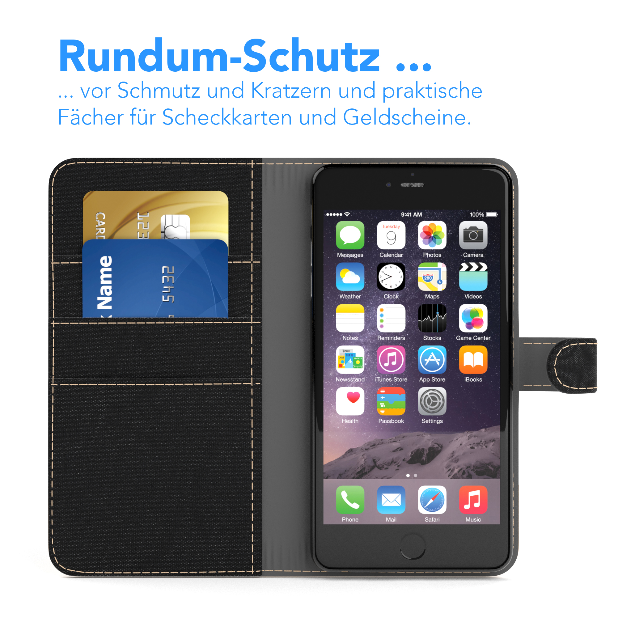 EAZY iPhone Apple, 6S Plus, Kartenfach, Jeans CASE mit Bookstyle Klapphülle Bookcover, Plus Schwarz / 6