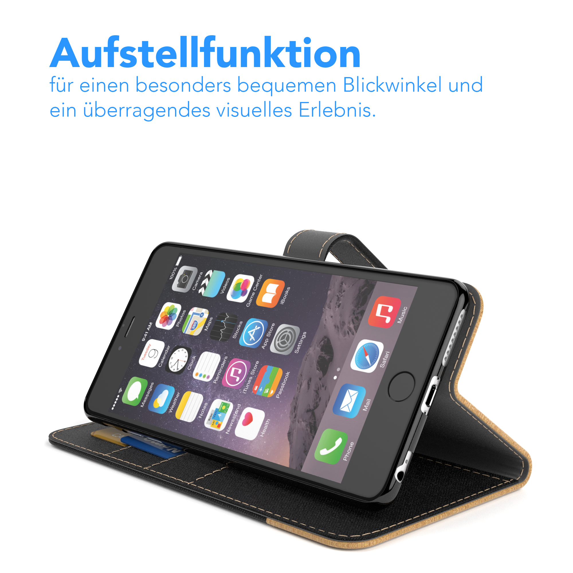 Ein Telefon in einer Hülle wird in schräger Position angezeigt und zeigt den Bildschirm des Telefons.