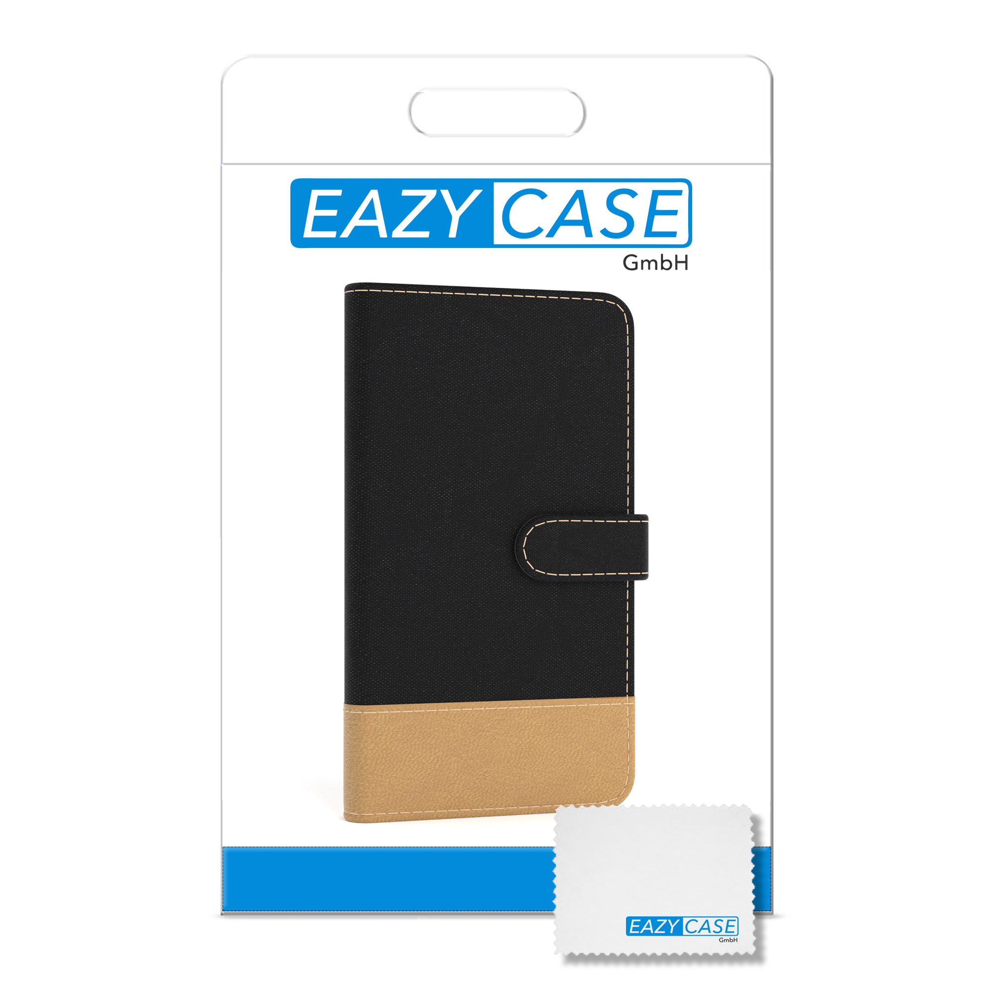 Schwarz-braune Handyhülle in einer Verpackung.