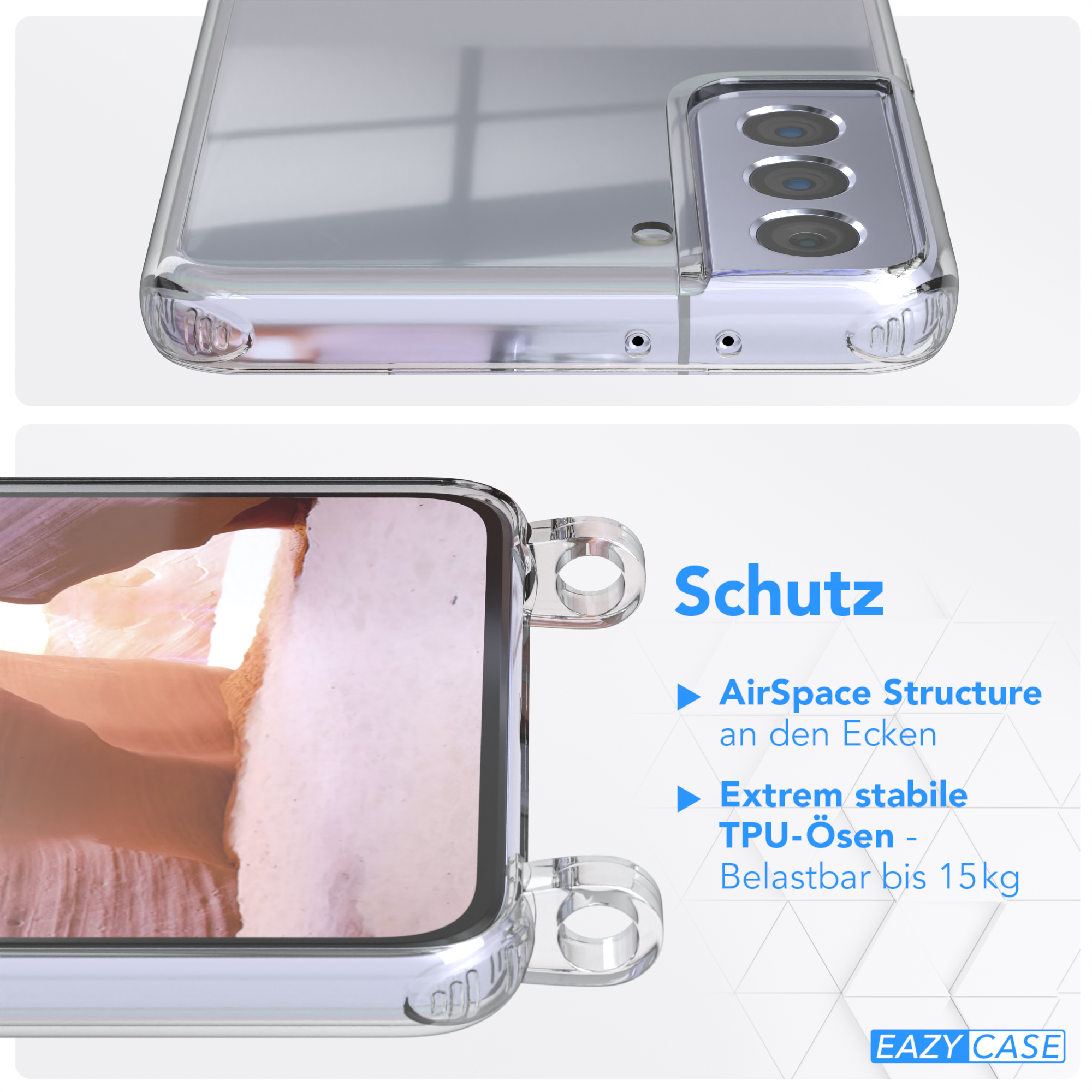 EAZY CASE Transparente Handyhülle mit runder Plus + / Umhängetasche, Kordel S21 Gold Galaxy 5G, Samsung, Karabiner, Altrosa
