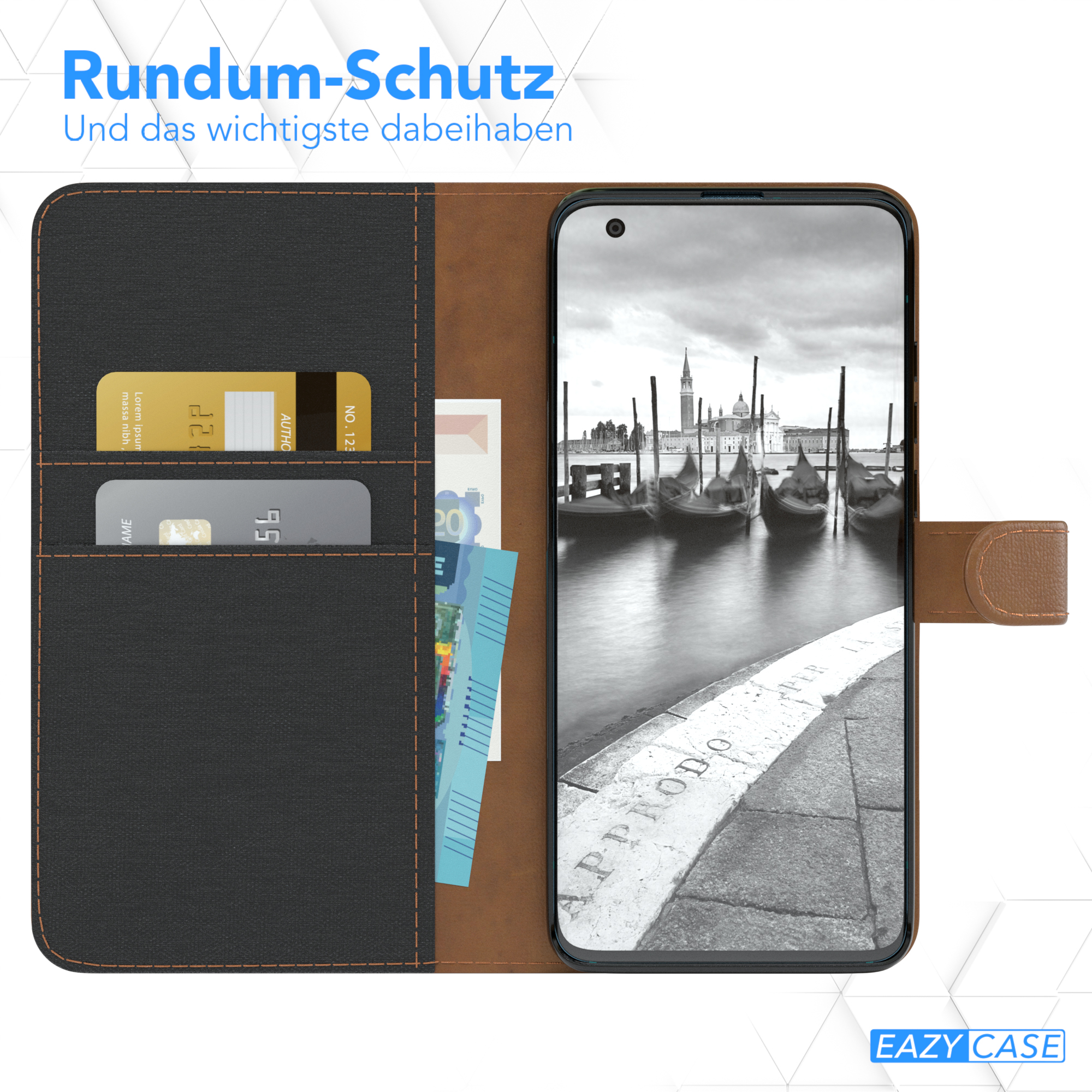 Handyhülle mit Karten und Geld, zeigt eine Venedig-Szene auf dem Handy-Bildschirm.