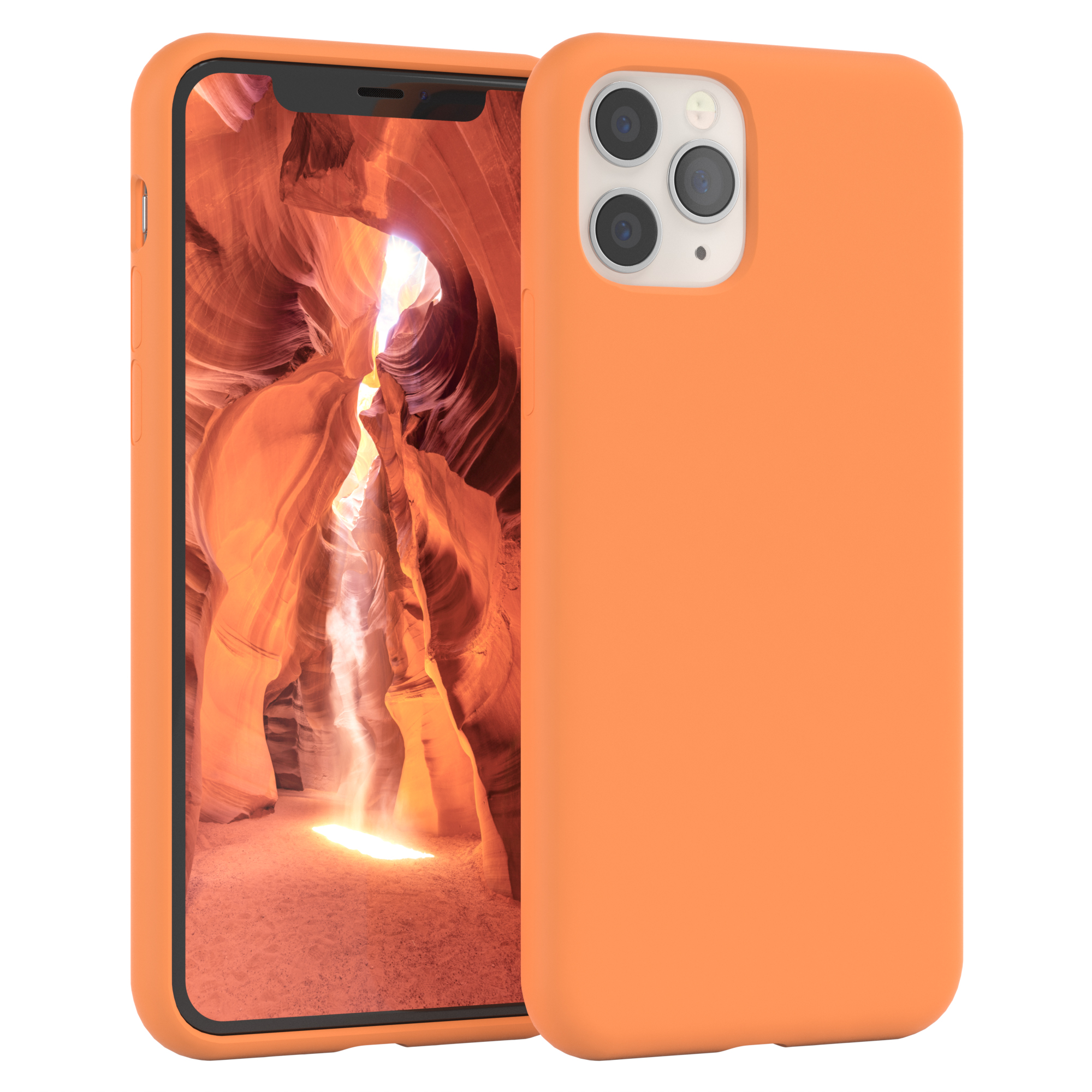 Orangene Handyhülle mit Canyonszene auf dem Bildschirm. Schwarzer Rand. Telefon ist geneigt.