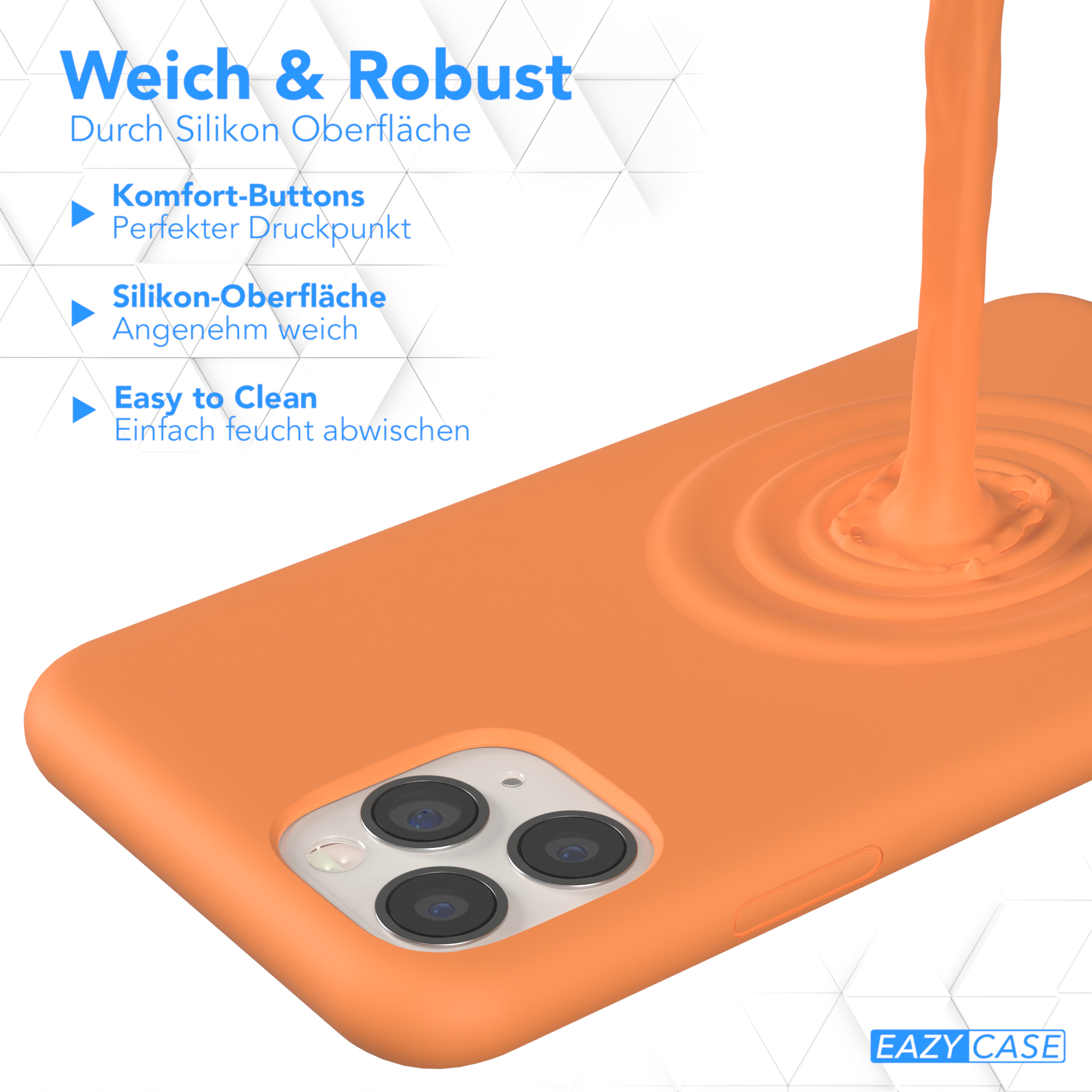Orangefarbene Handyhülle mit Flüssigkeit von oben.