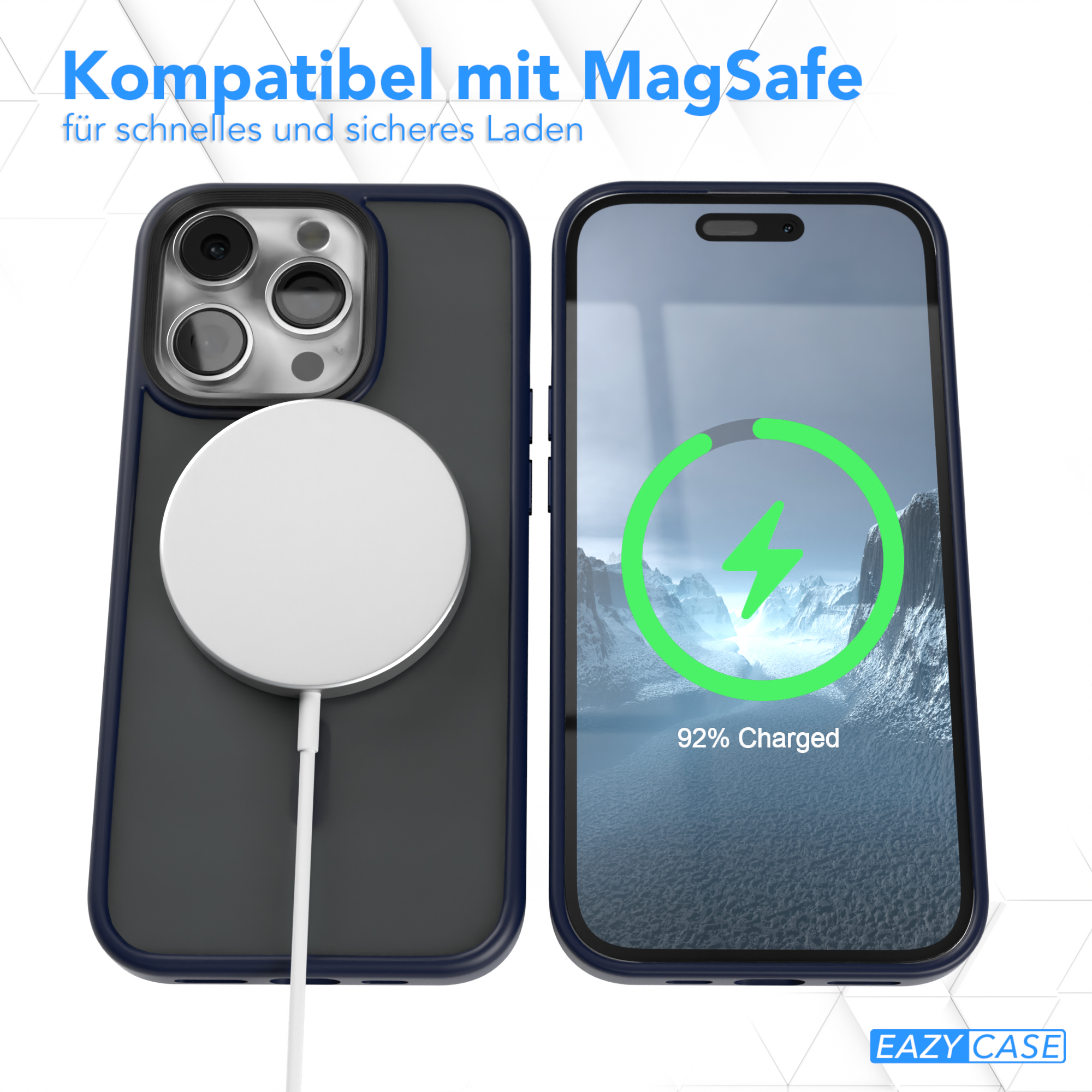 Zwei Handyhüllen und Telefon mit MagSafe-Ladegerät. Das Telefon lädt.