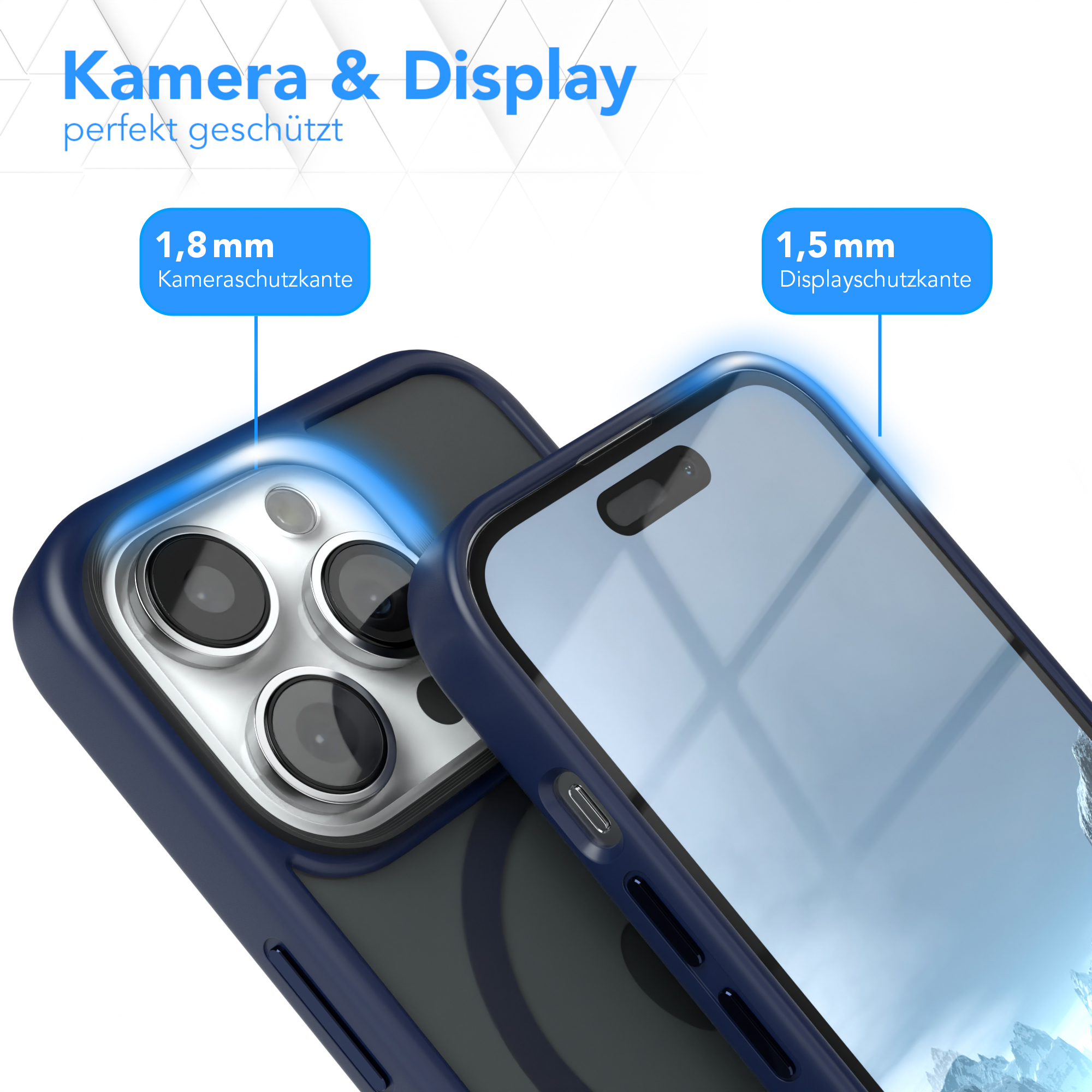 Nahaufnahme einer Handyhülle, die ein Telefon schützt, wobei der Kamera- und Displayschutz hervorgehoben wird.