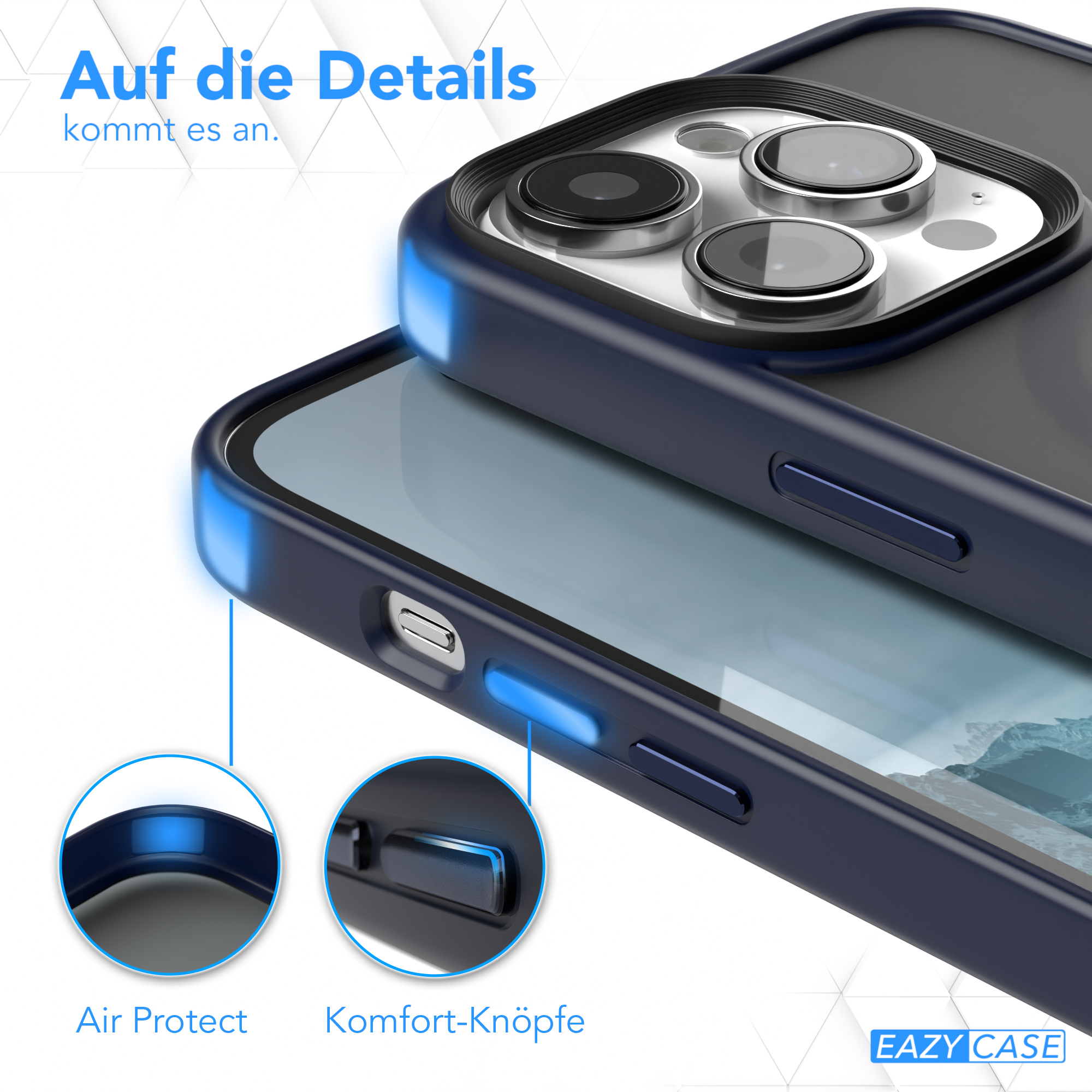 Nahaufnahme einer Handyhülle, mit hervorgehobenen Knöpfen und Details.