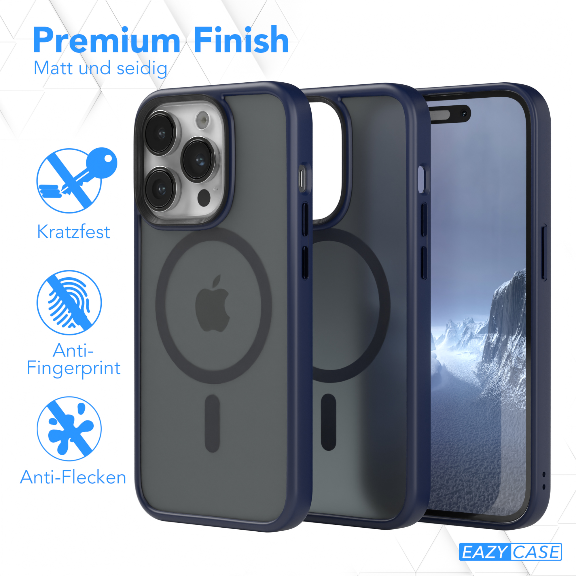 Drei Handyhüllen. Eine befindet sich auf einem Telefon mit einem Bergmotiv. Die anderen beiden liegen daneben.