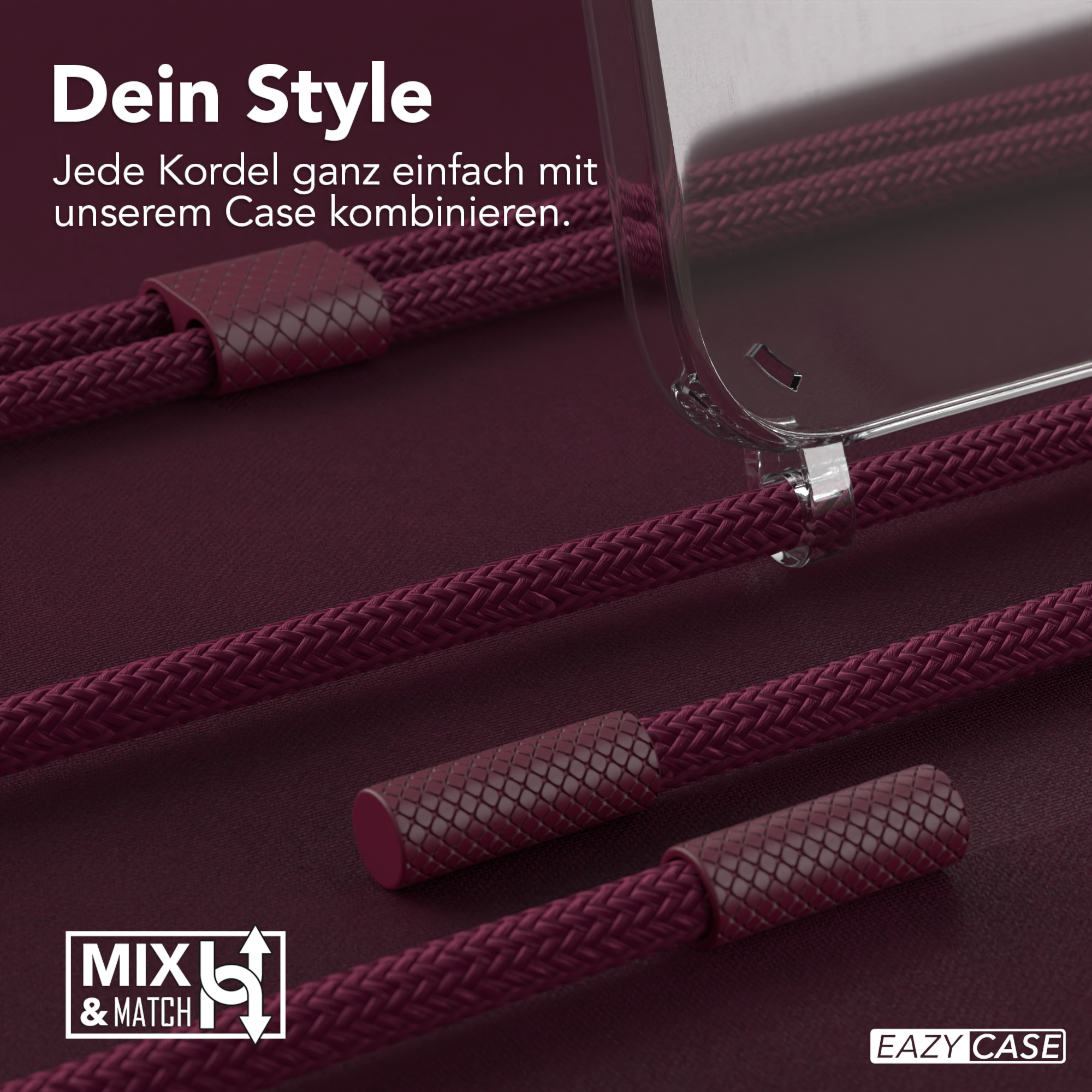Nahaufnahme eines Lanyards mit burgunderroten Details, befestigt an einer Handyhülle.