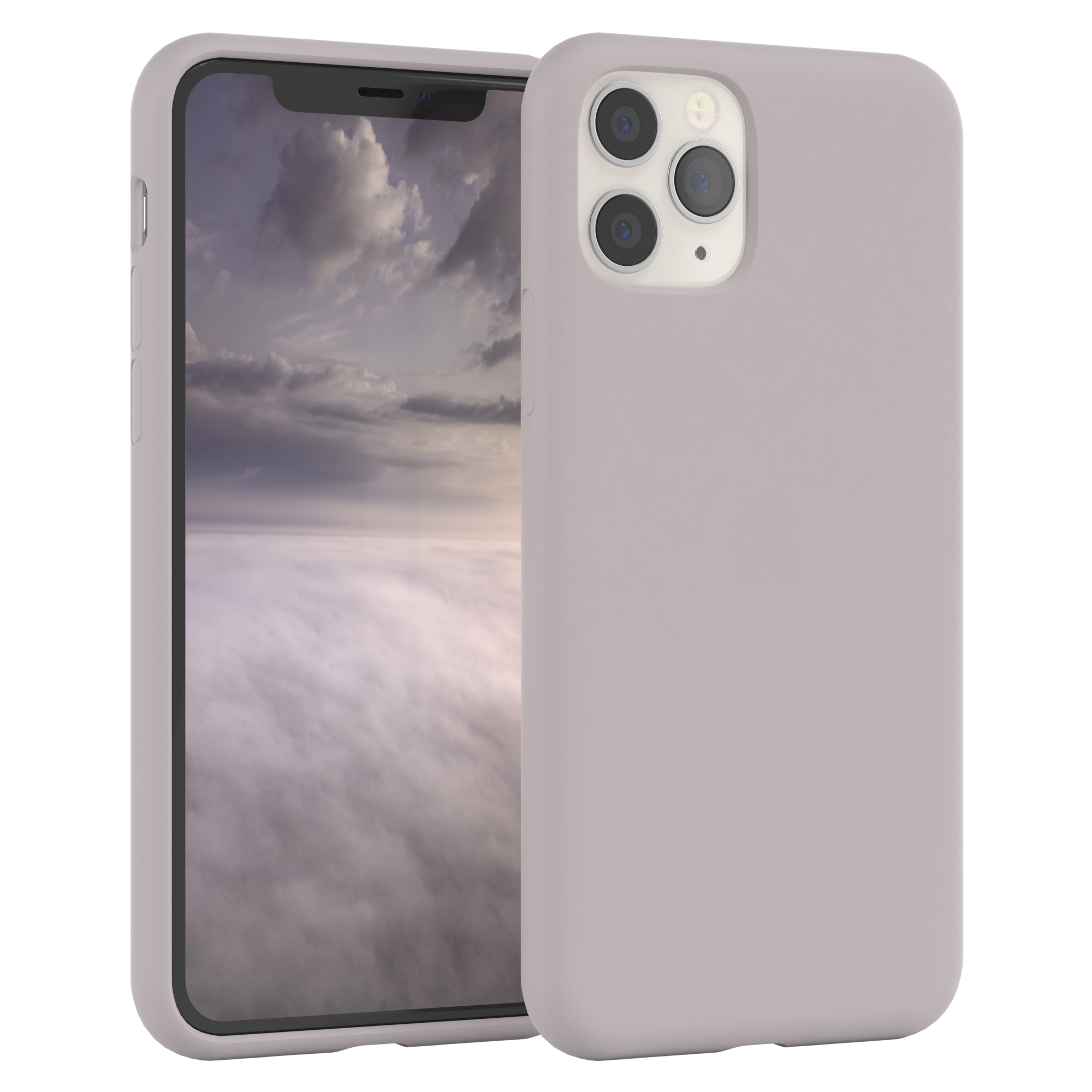 Telefon mit helllila Hülle. Das Telefon zeigt einen weißen und lila Hintergrund mit Nebel.
