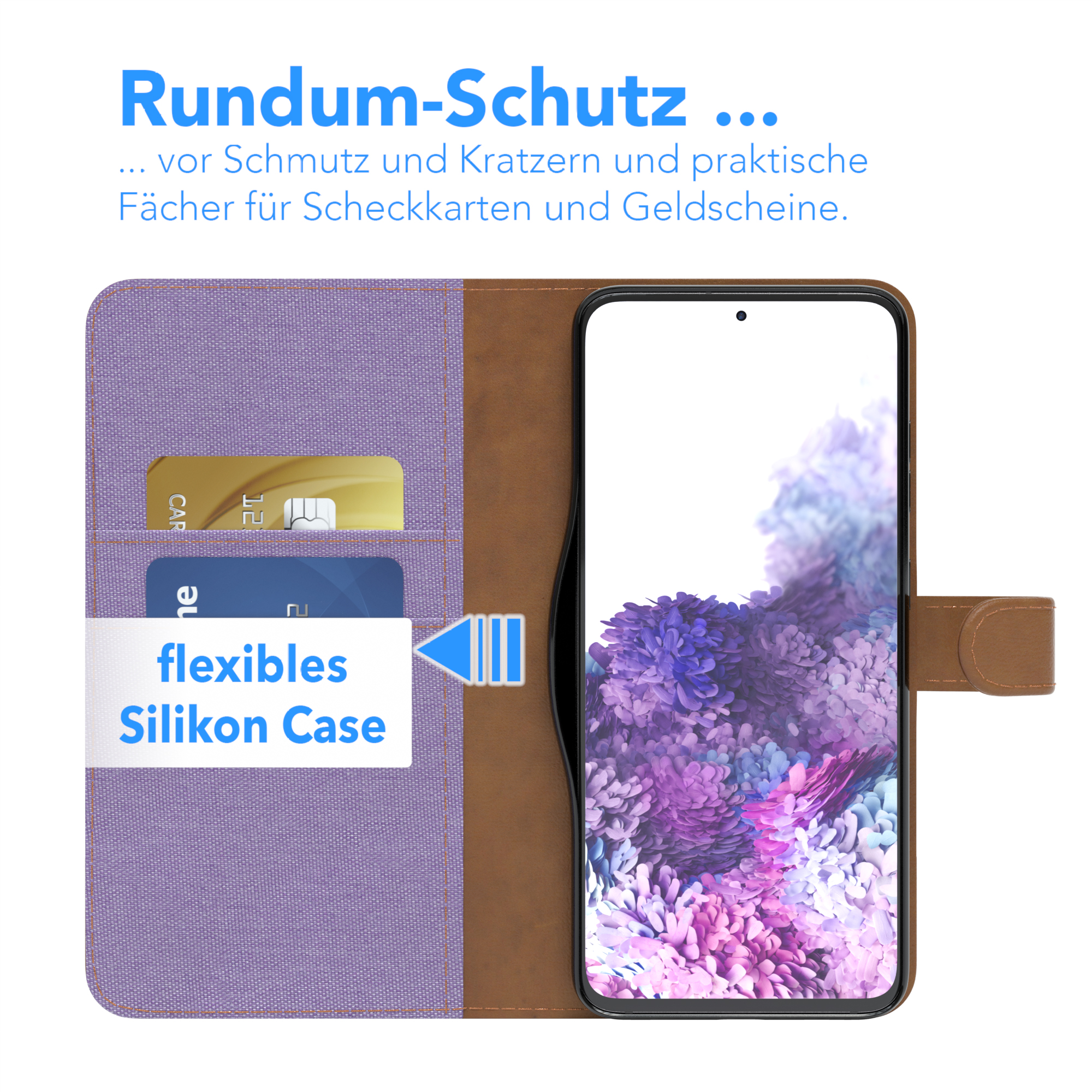 Handyhülle mit Karten und Telefon, mit Text: flexible Silikonhülle.