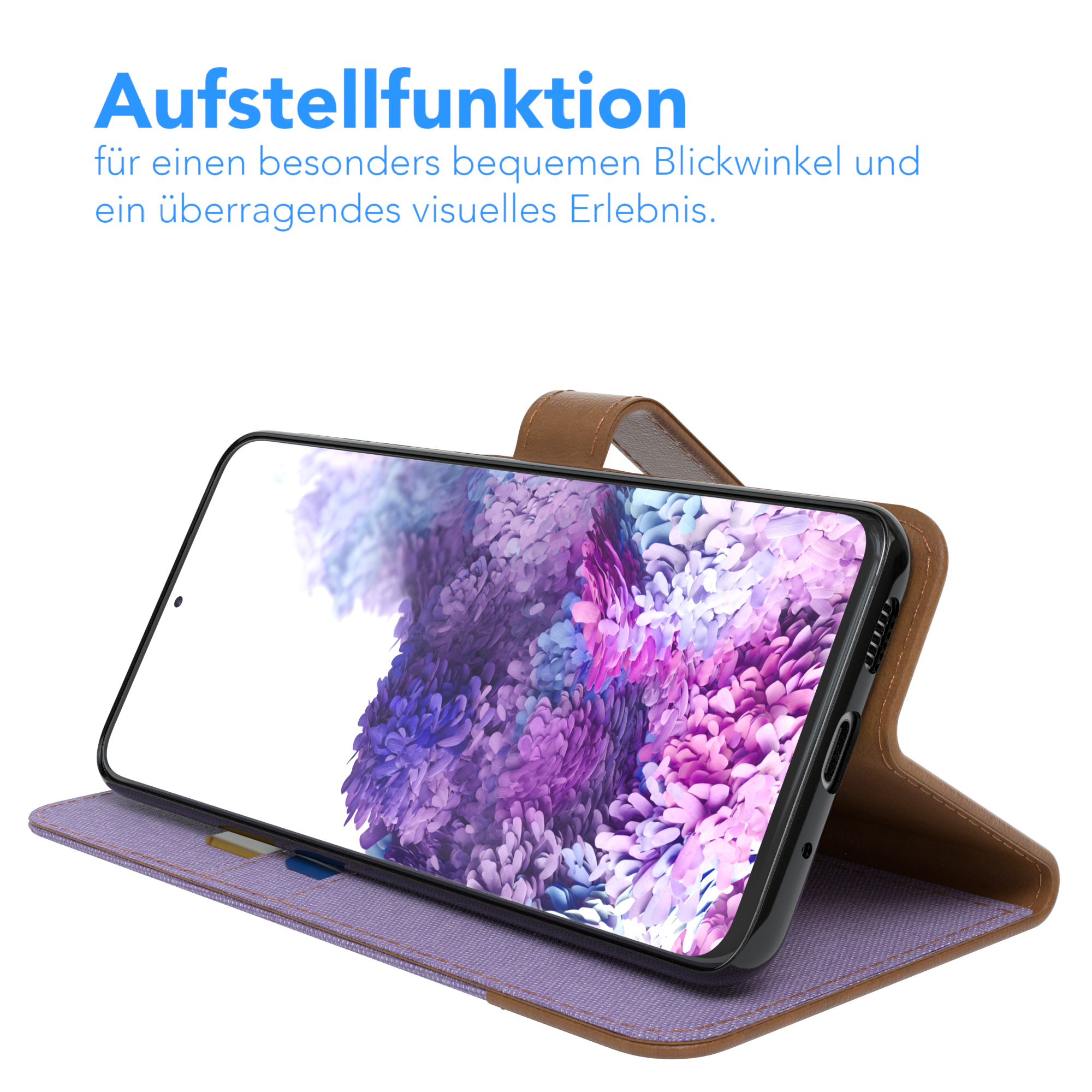 Telefon in brauner Lederhülle, aufgestellt. Text darüber lautet 'Aufstellfunktion'.